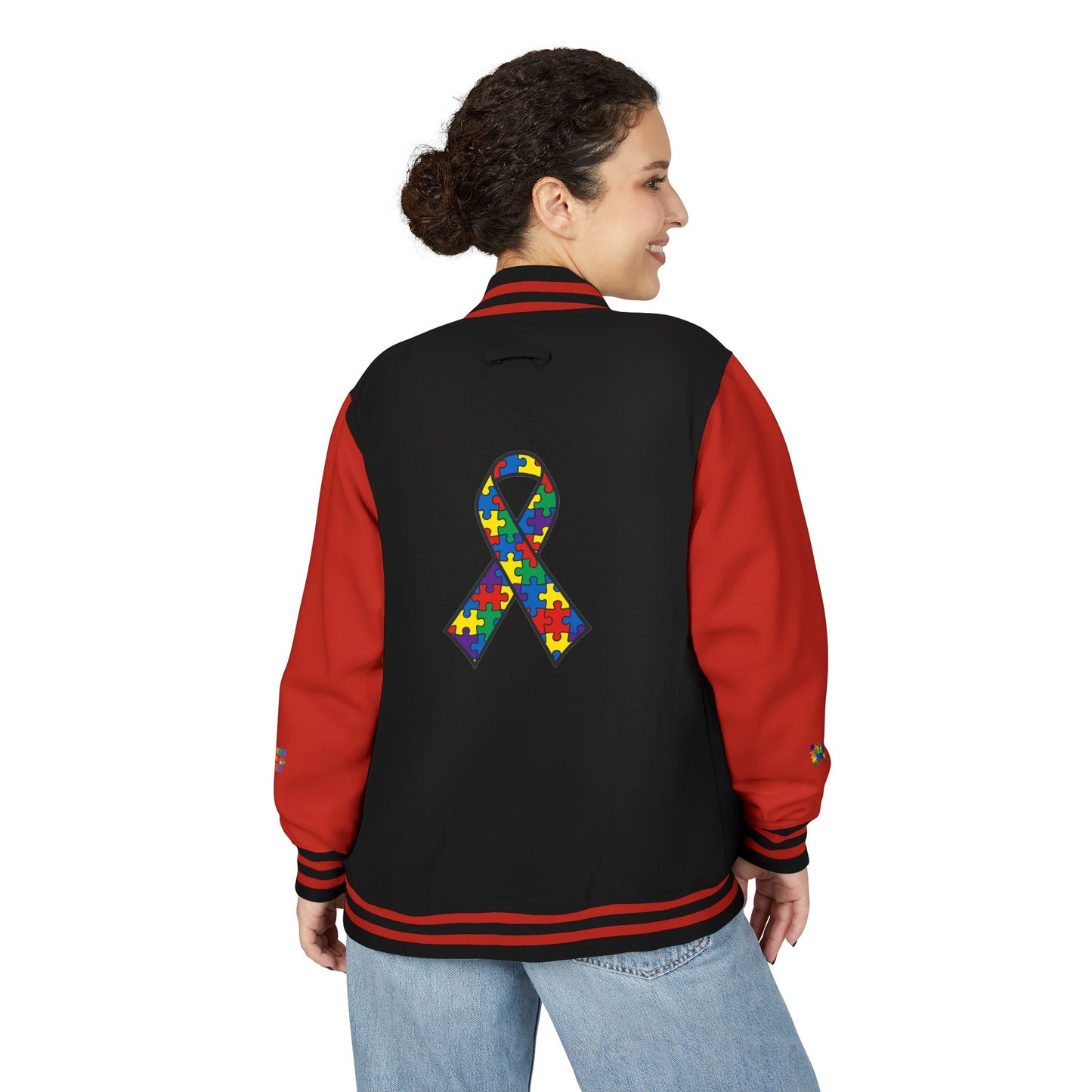 Autism Awareness - Unisex Heavyweight Letterman Jacket - Colorful Puzzle Ribbon Design