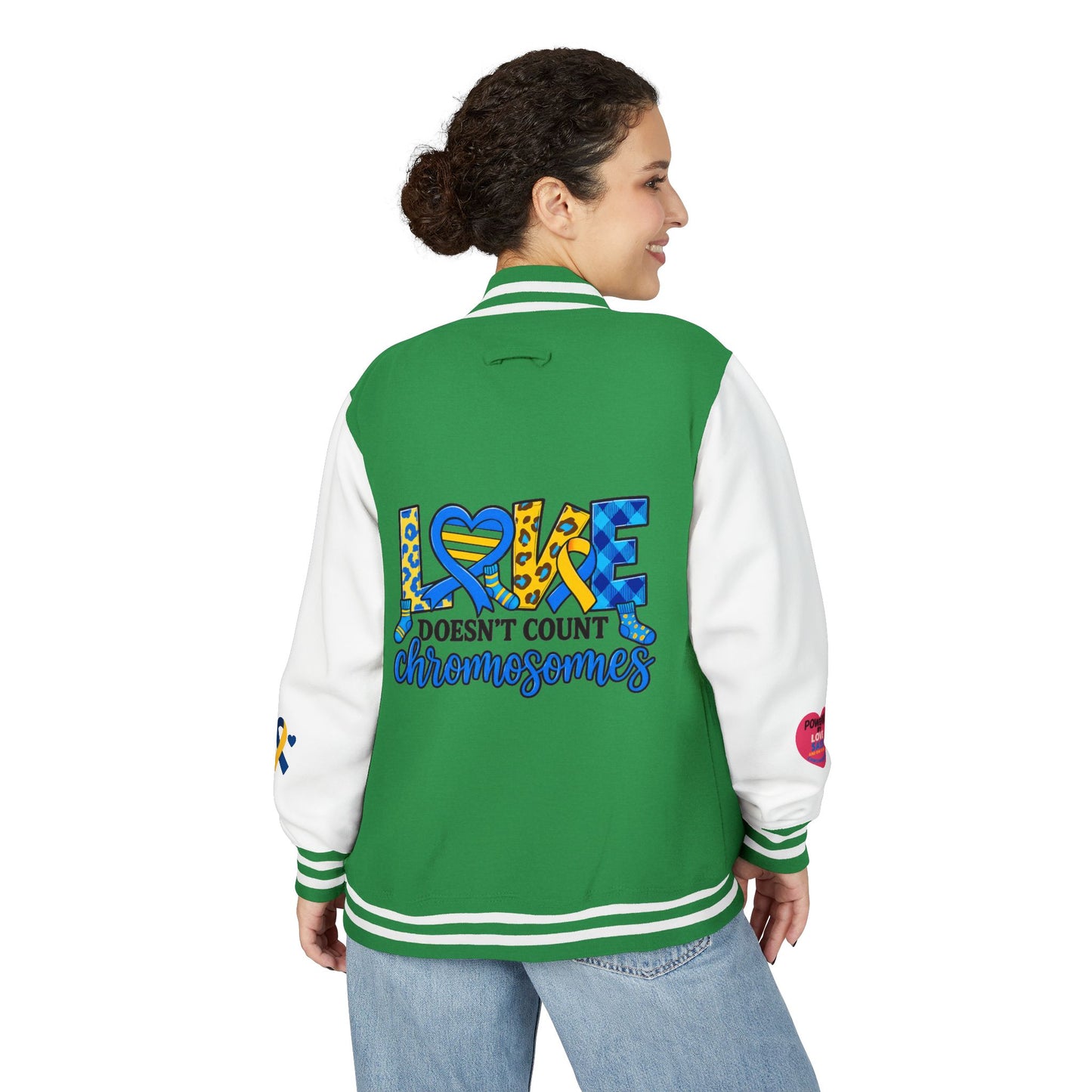 Down Syndrome Awareness - "Love Doesn't Count Chromosomes" - Unisex Heavyweight Letterman Jacket (Various Colors!)
