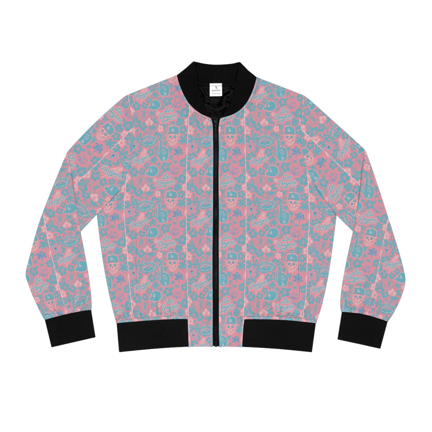 Dodger Women's "Pink Aloha Pattern" Bomber Jacket with Vibrant Floral Skull Design