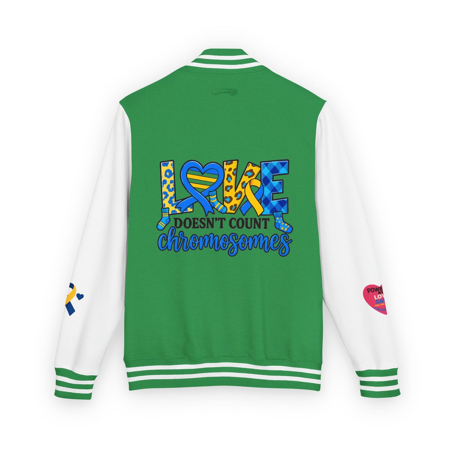 Down Syndrome Awareness - "Love Doesn't Count Chromosomes" - Unisex Heavyweight Letterman Jacket (Various Colors!)
