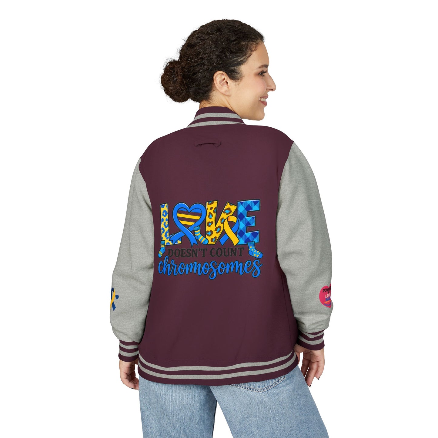 Down Syndrome Awareness - "Love Doesn't Count Chromosomes" - Unisex Heavyweight Letterman Jacket (Various Colors!)