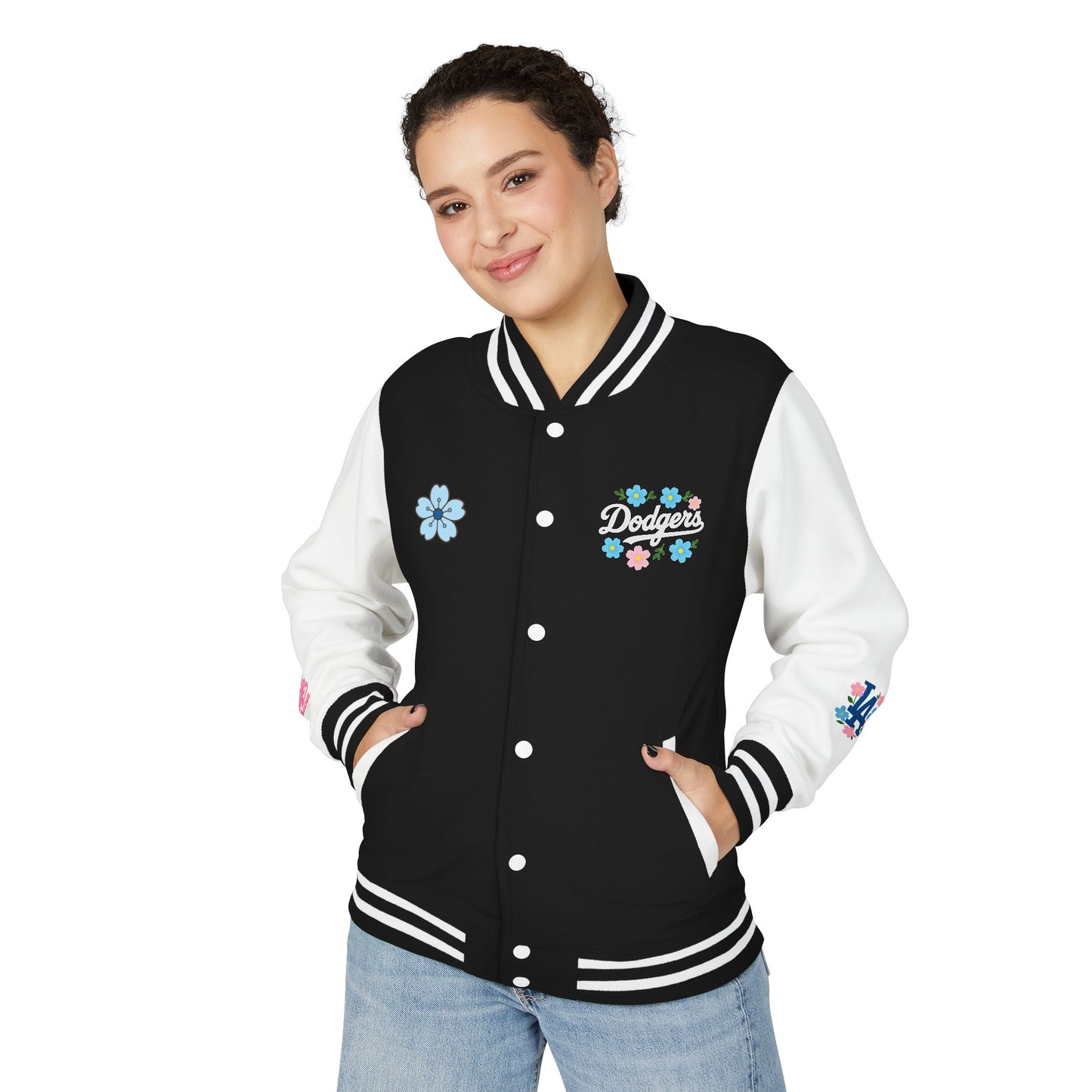 Dodger Chica - Flower Power - Women's Heavyweight Letterman Jacket - LA Dodgers Floral Love Design