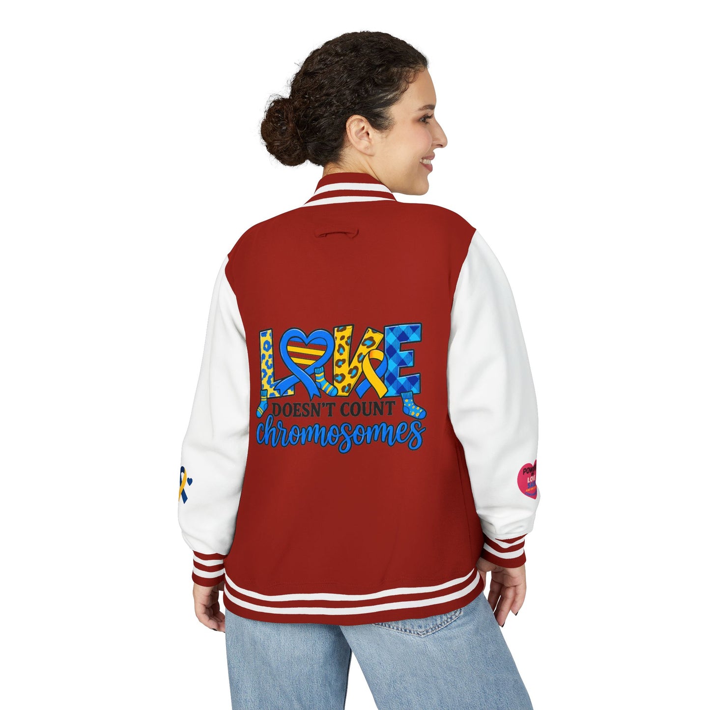 Down Syndrome Awareness - "Love Doesn't Count Chromosomes" - Unisex Heavyweight Letterman Jacket (Various Colors!)