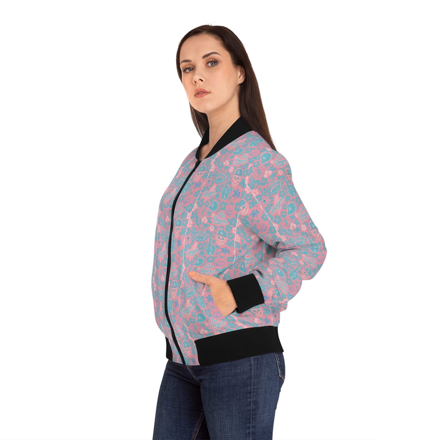 Dodger Women's "Pink Aloha Pattern" Bomber Jacket with Vibrant Floral Skull Design