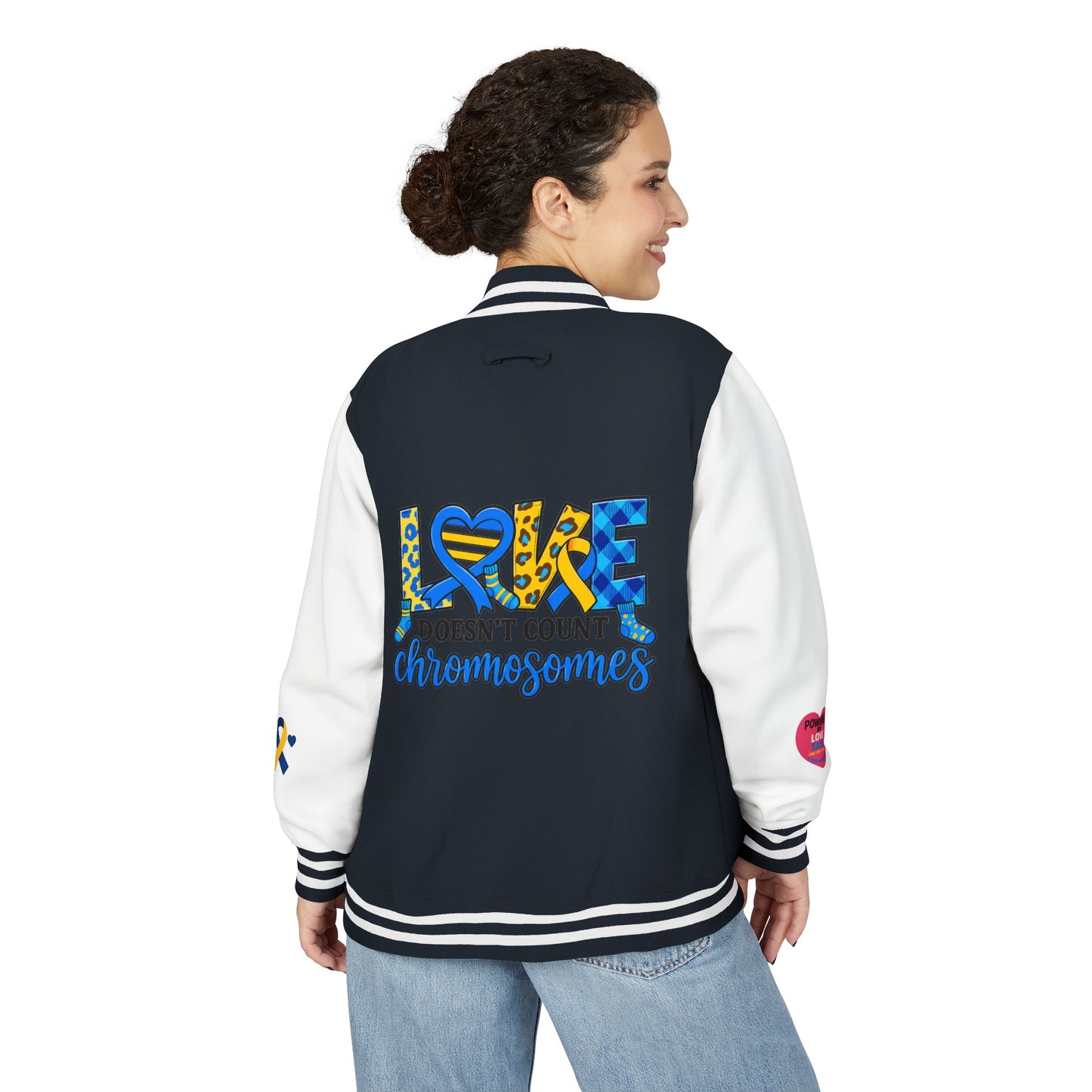 Down Syndrome Awareness - "Love Doesn't Count Chromosomes" - Unisex Heavyweight Letterman Jacket (Various Colors!)
