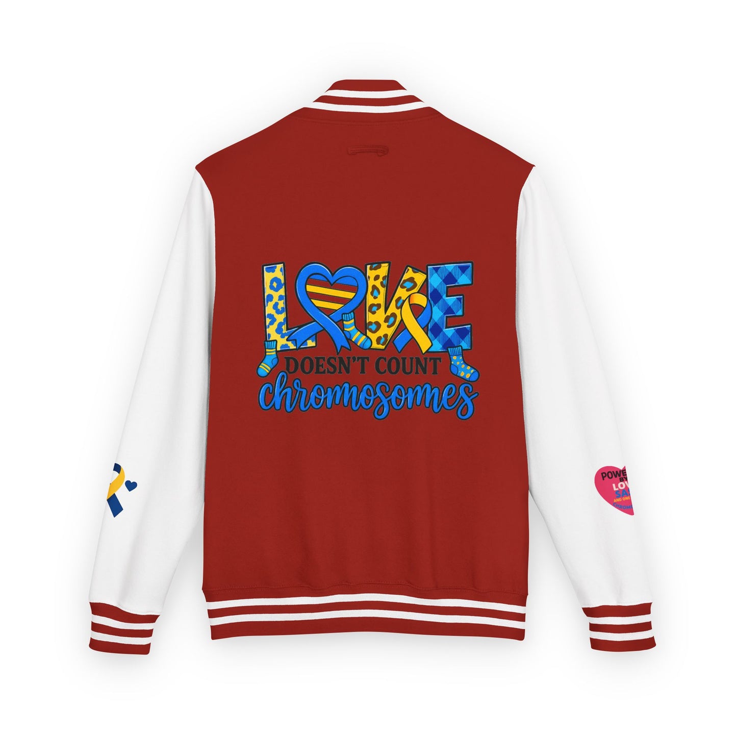 Down Syndrome Awareness - "Love Doesn't Count Chromosomes" - Unisex Heavyweight Letterman Jacket (Various Colors!)