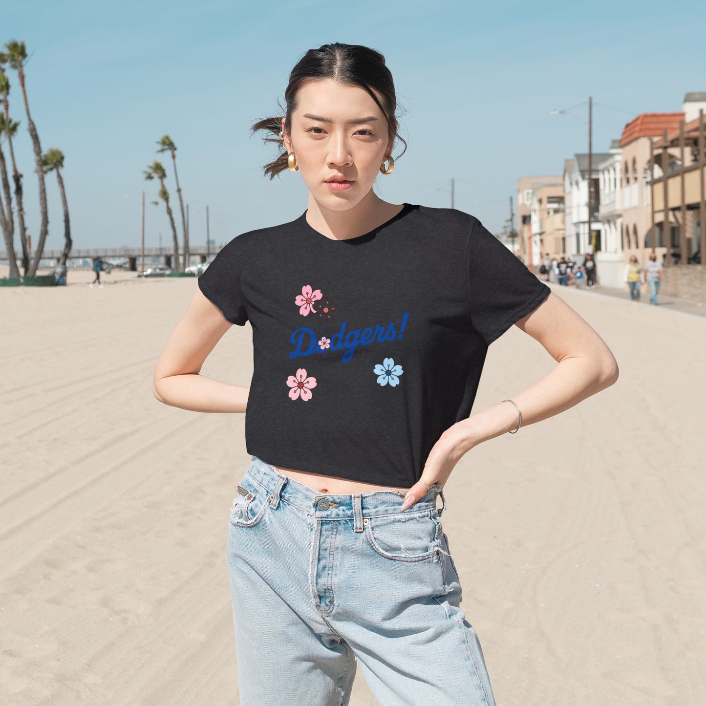 Women's Cherry Blossom Dodgers Cropped Tee - Casual Summer Style