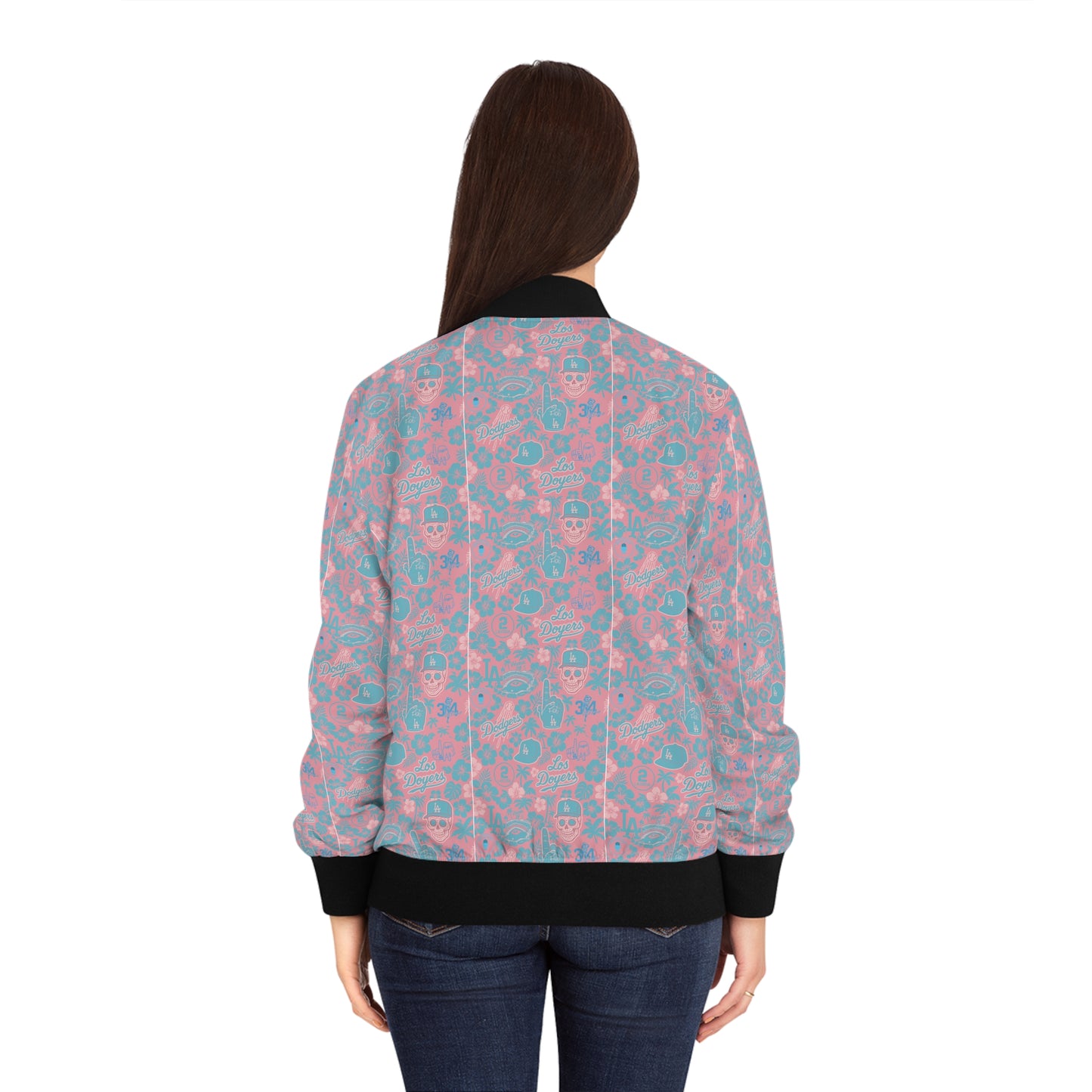 Dodger Women's "Pink Aloha Pattern" Bomber Jacket with Vibrant Floral Skull Design