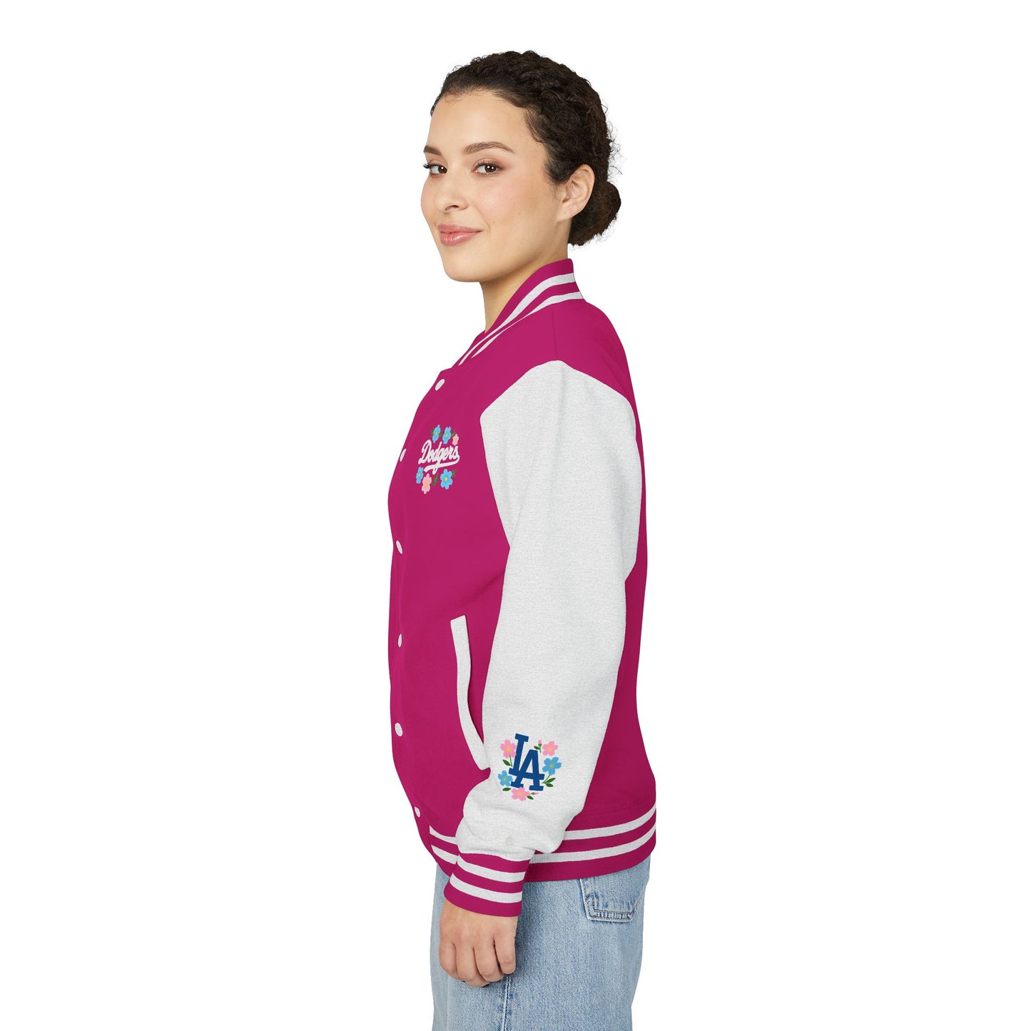 Dodger Chica - Flower Power - Women's Heavyweight Letterman Jacket - LA Dodgers Floral Love Design