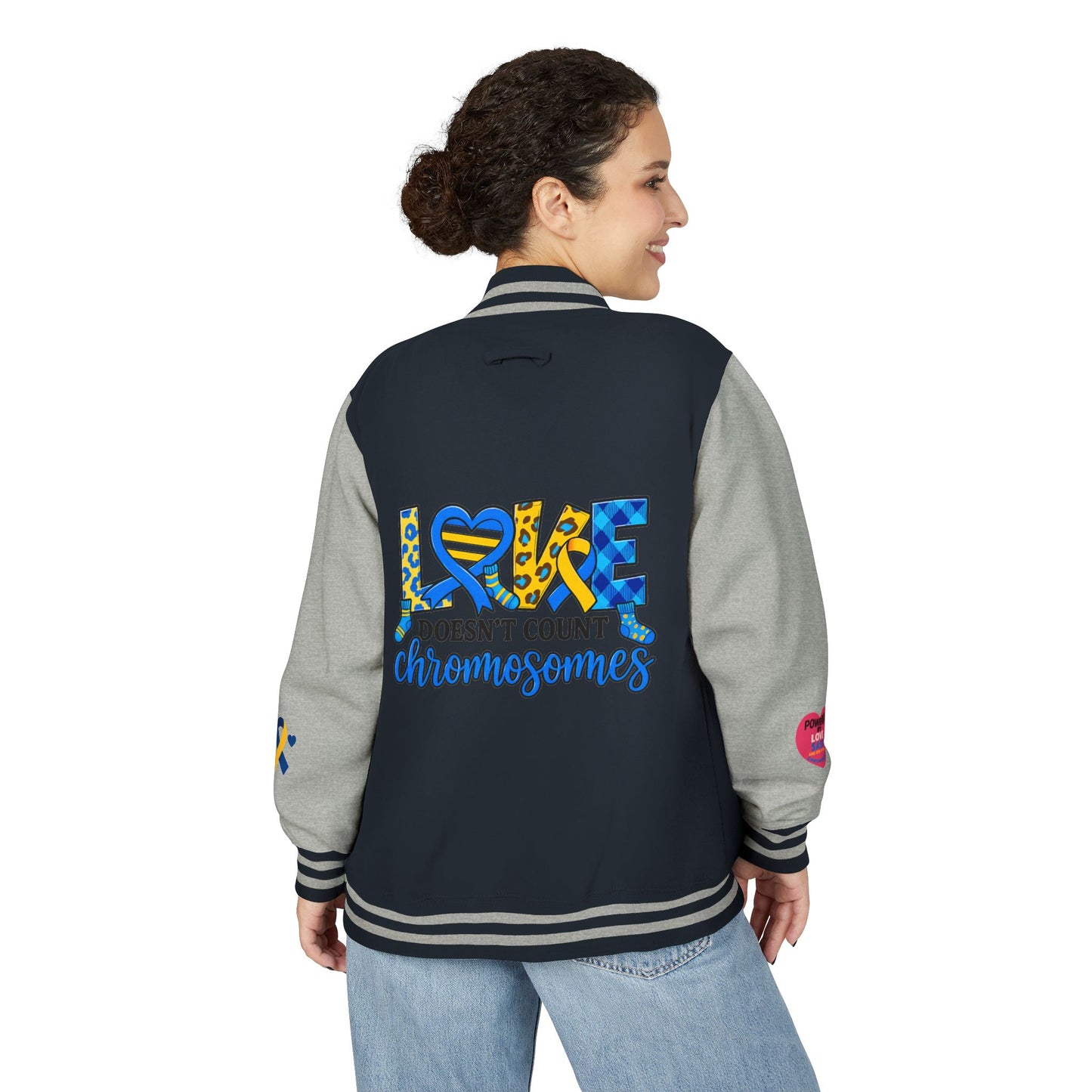 Down Syndrome Awareness - "Love Doesn't Count Chromosomes" - Unisex Heavyweight Letterman Jacket (Various Colors!)