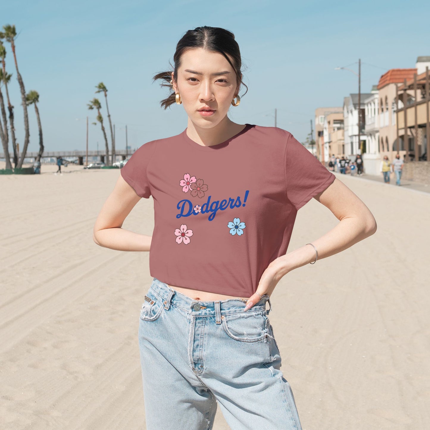 Women's Cherry Blossom Dodgers Cropped Tee - Casual Summer Style