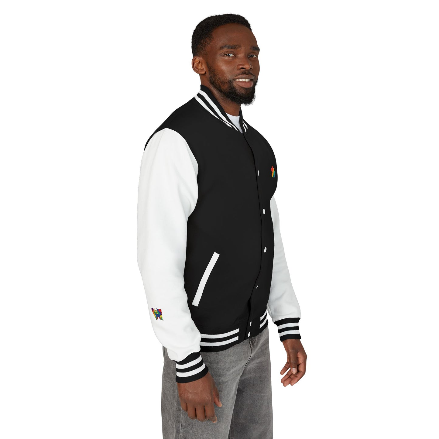 Autism Awareness - Unisex Heavyweight Letterman Jacket - Colorful Puzzle Ribbon Design
