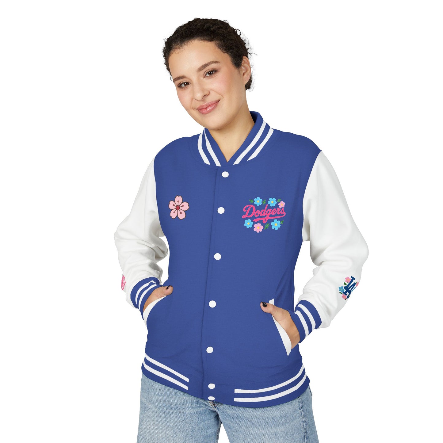 Dodger Chica - Flower Power - Women's Heavyweight Letterman Jacket - LA Dodgers Floral Love Design