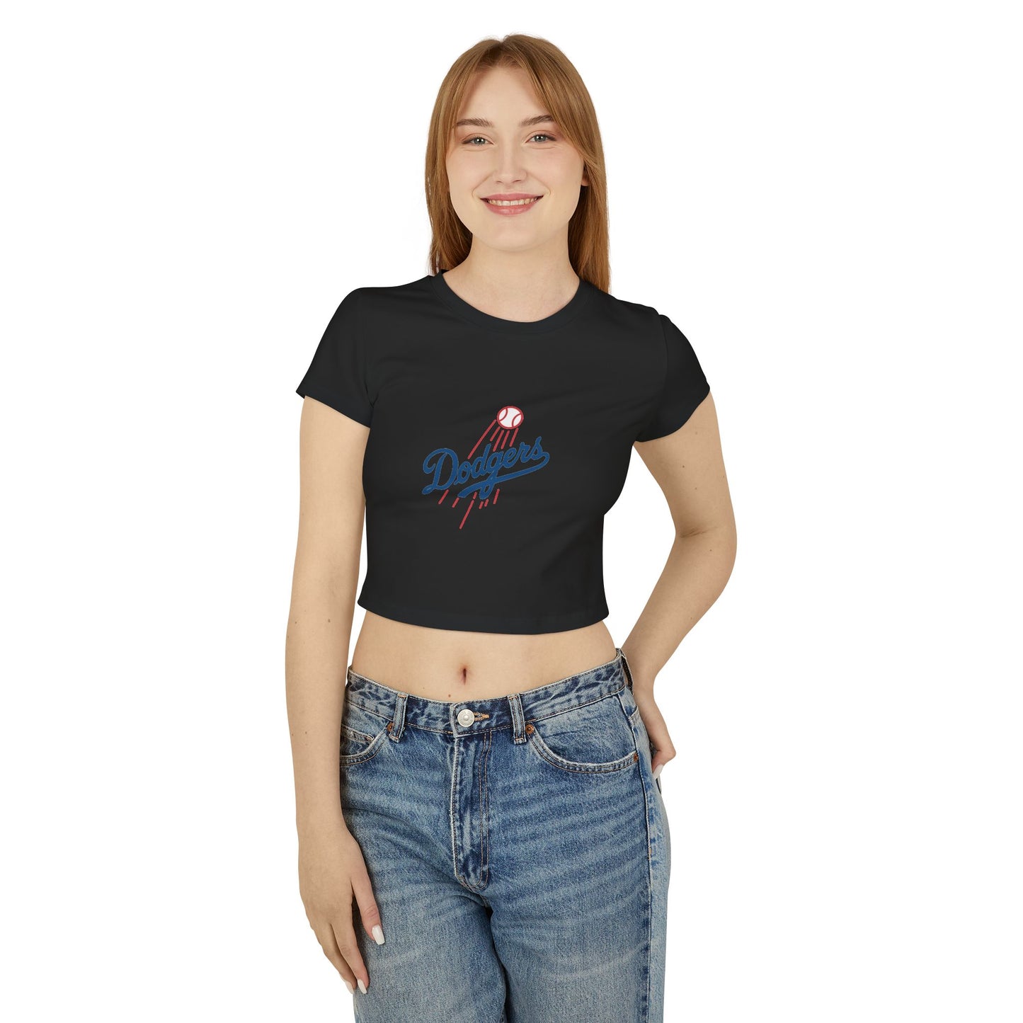Women's Dodgers Graphic Belly Tee - Casual Baseball Style for Trendy Fans