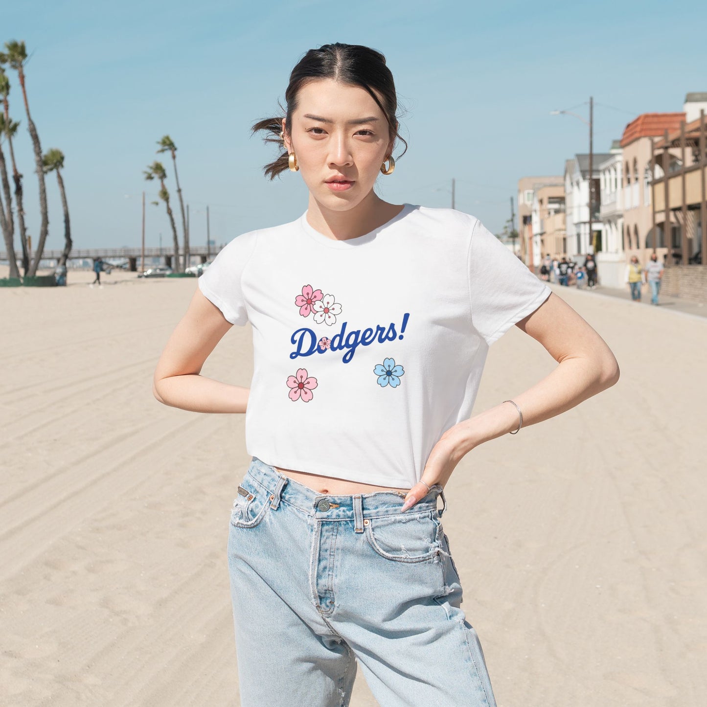 Women's Cherry Blossom Dodgers Cropped Tee - Casual Summer Style
