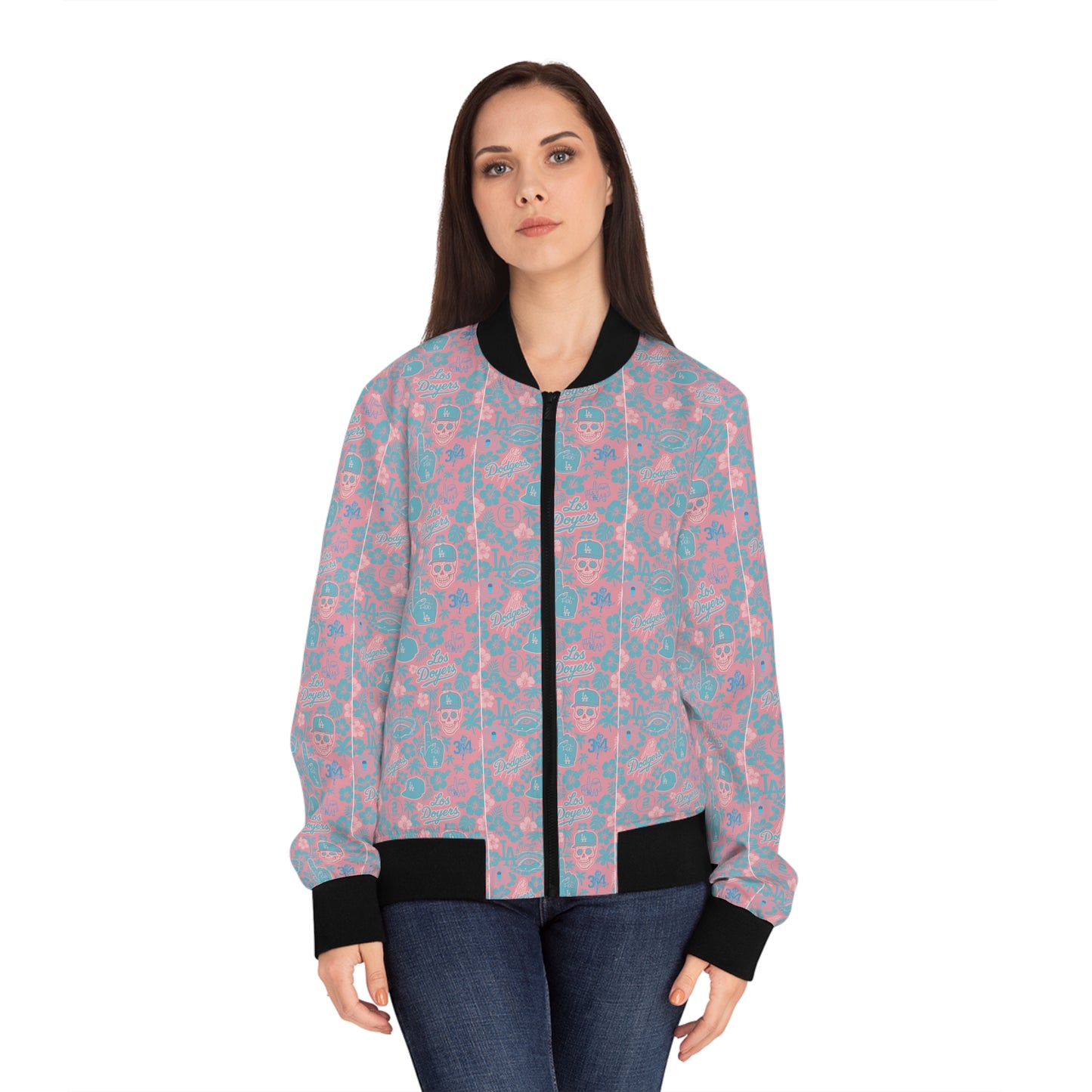 Dodger Women's "Pink Aloha Pattern" Bomber Jacket with Vibrant Floral Skull Design