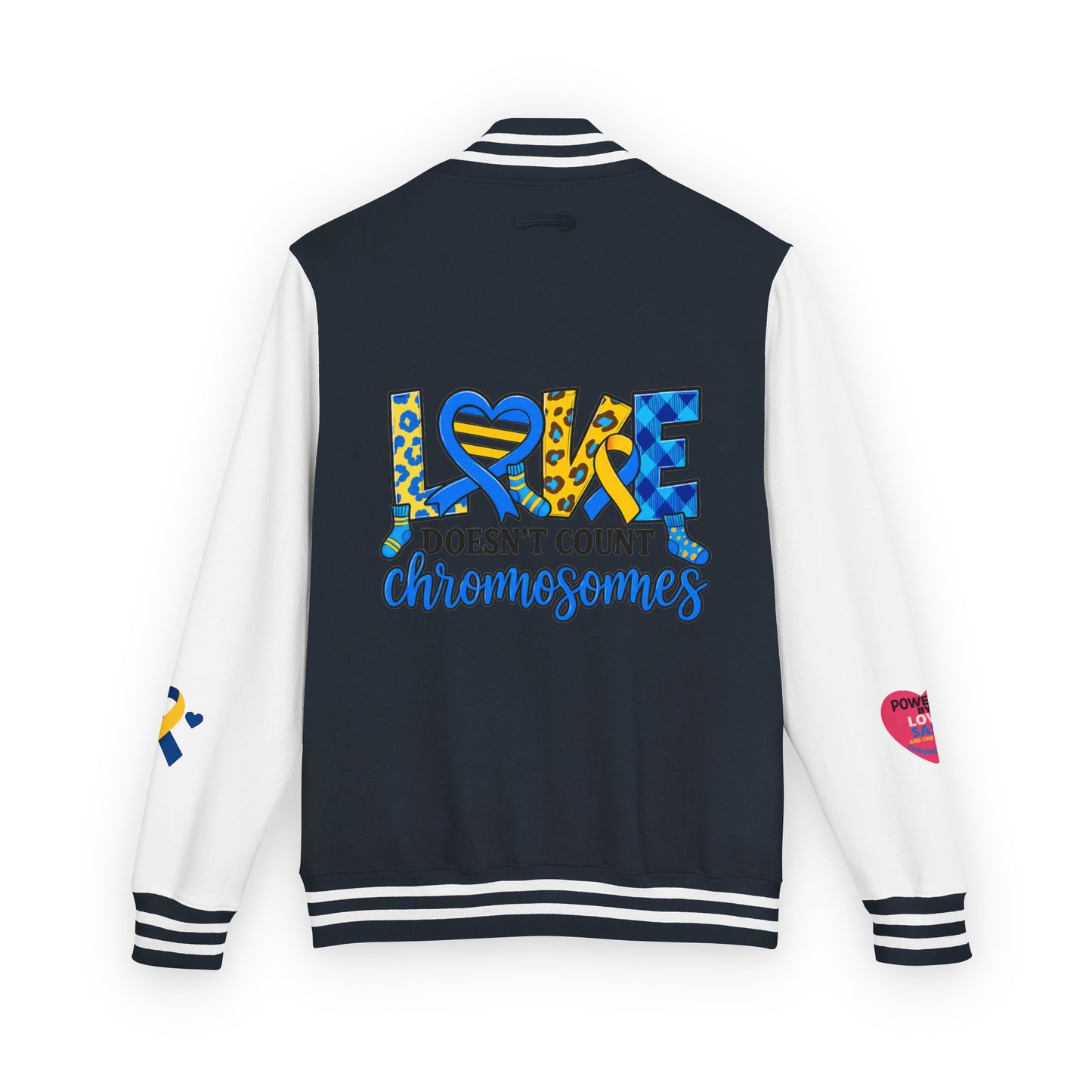 Down Syndrome Awareness - "Love Doesn't Count Chromosomes" - Unisex Heavyweight Letterman Jacket (Various Colors!)