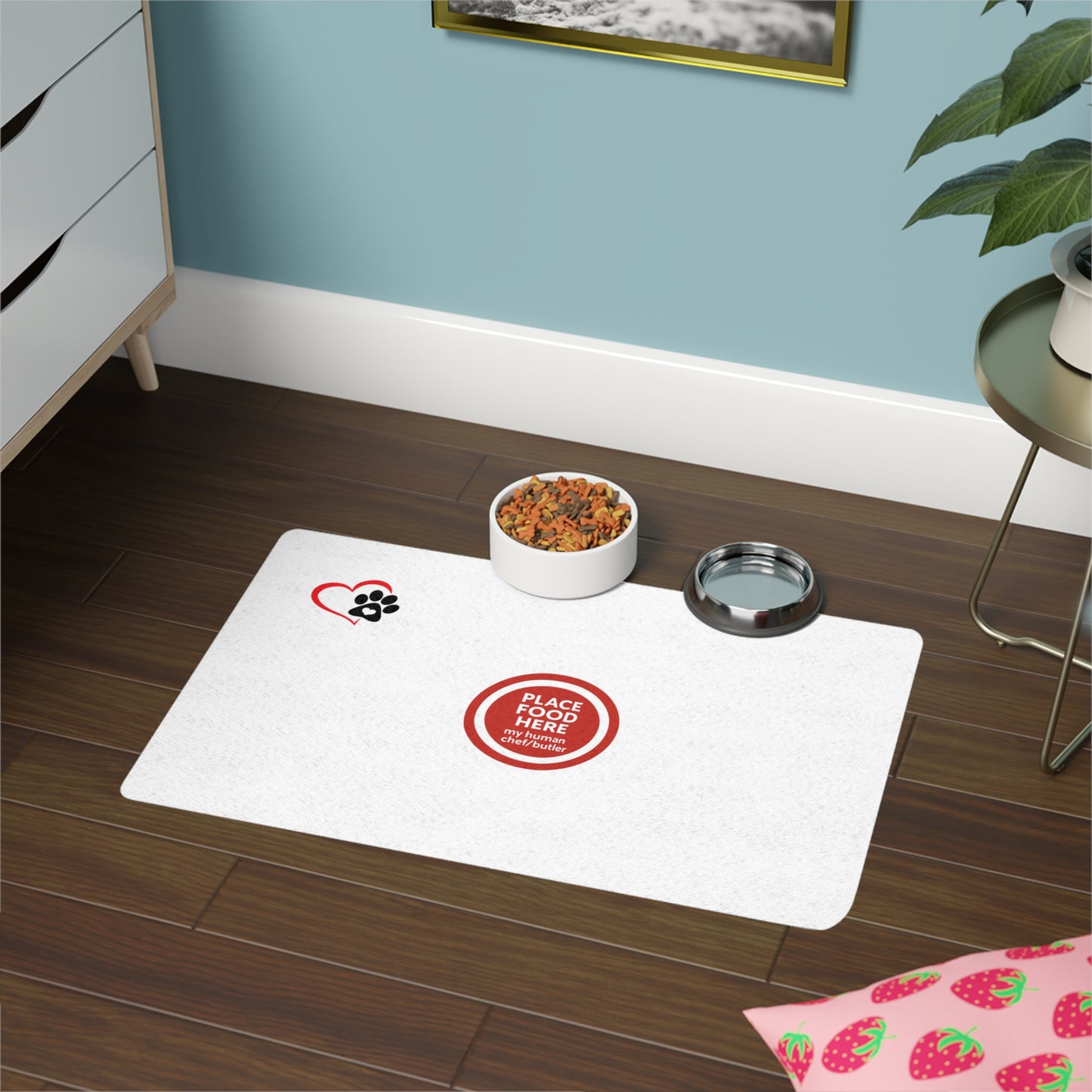 Custom Pet Food Mat - 'Place Food Here' Design | 12x18 Non-Slip Feeding Mat