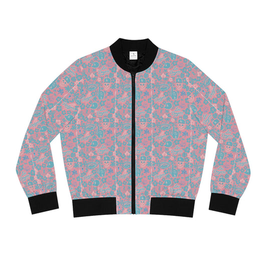 Dodger Women's "Pink Aloha Pattern" Bomber Jacket with Vibrant Floral Skull Design