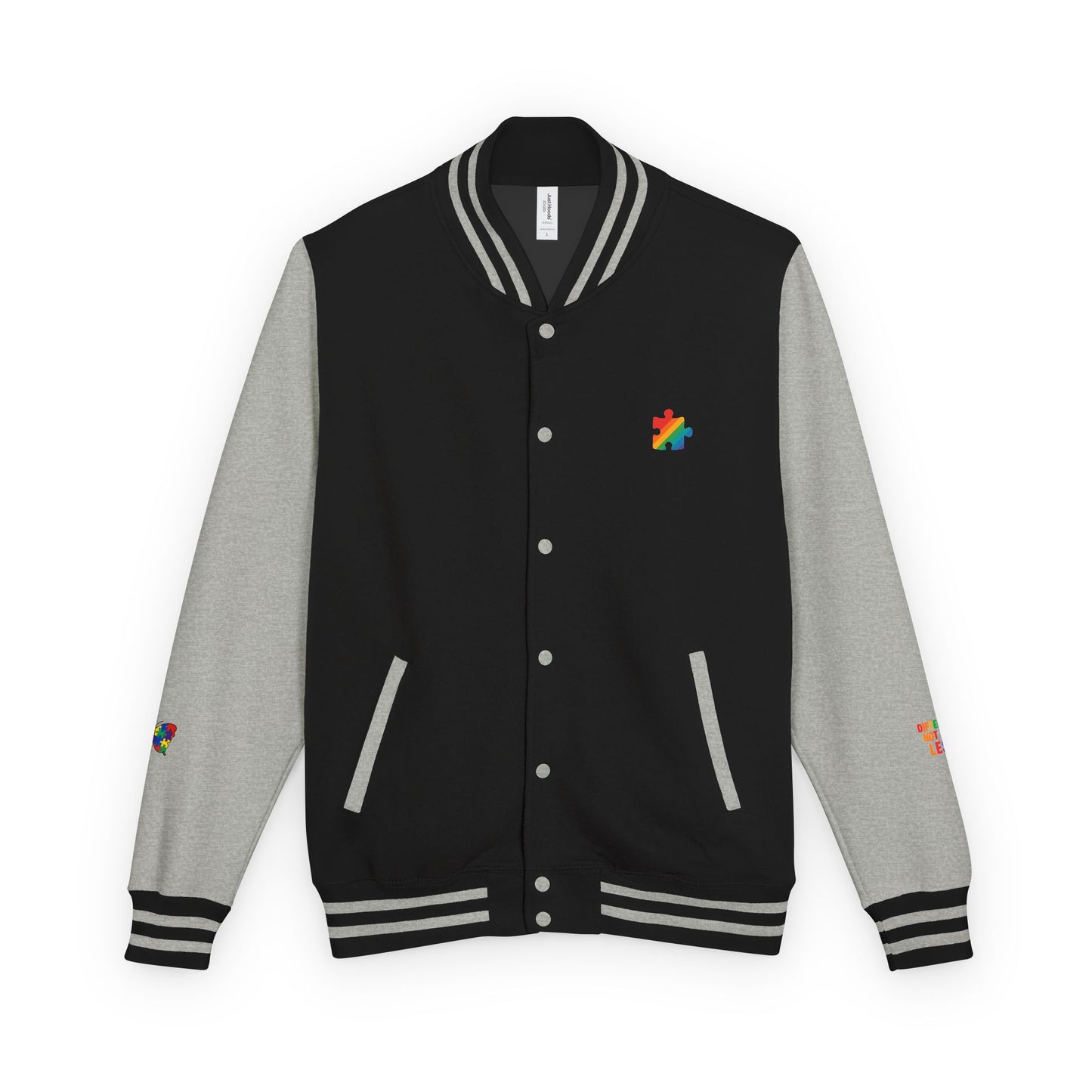 Autism Awareness - Unisex Heavyweight Letterman Jacket - Colorful Puzzle Ribbon Design
