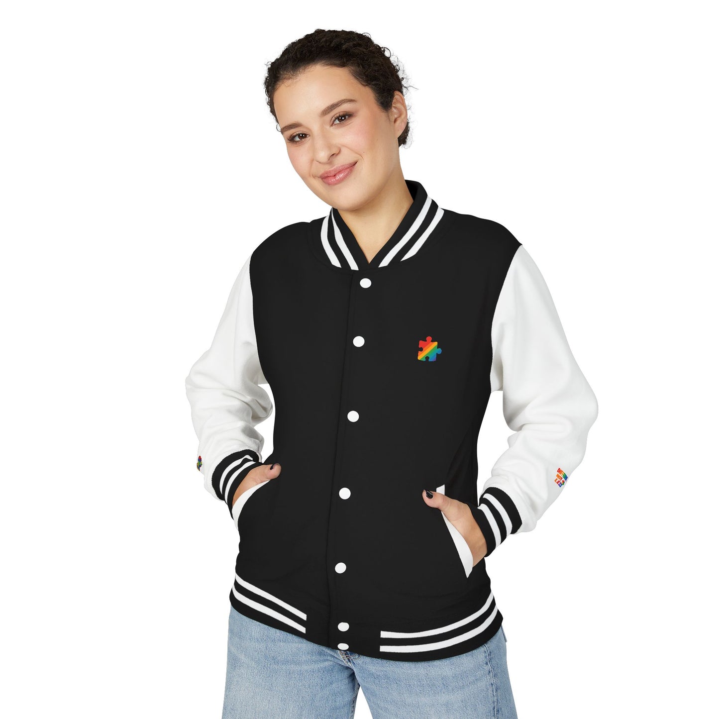 Autism Awareness - Unisex Heavyweight Letterman Jacket - Colorful Puzzle Ribbon Design
