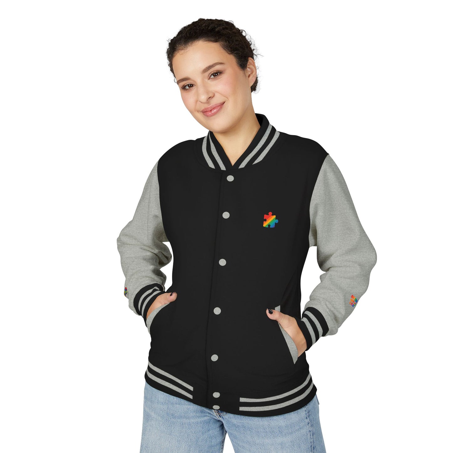 Autism Awareness - Unisex Heavyweight Letterman Jacket - Colorful Puzzle Ribbon Design