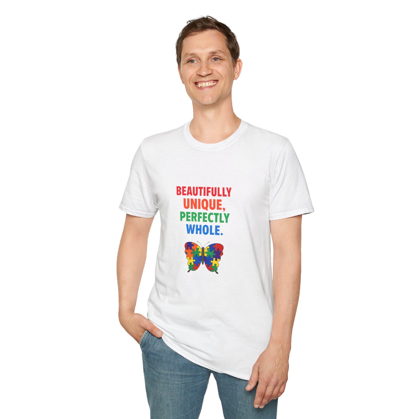 Autism Awareness - "Rainbow Puzzle Piece Butterfly" - Unisex Softstyle T-Shirt (Various Colors)