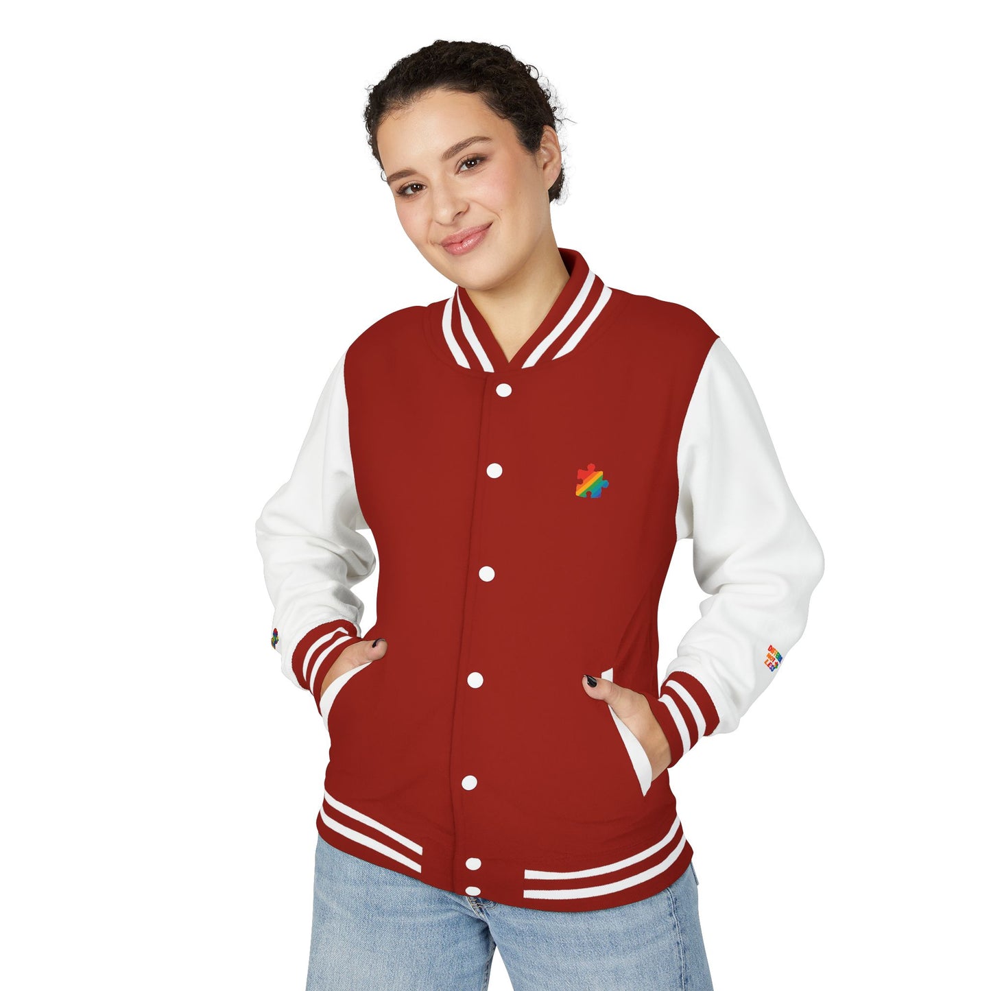 Autism Awareness - Unisex Heavyweight Letterman Jacket - Colorful Puzzle Ribbon Design