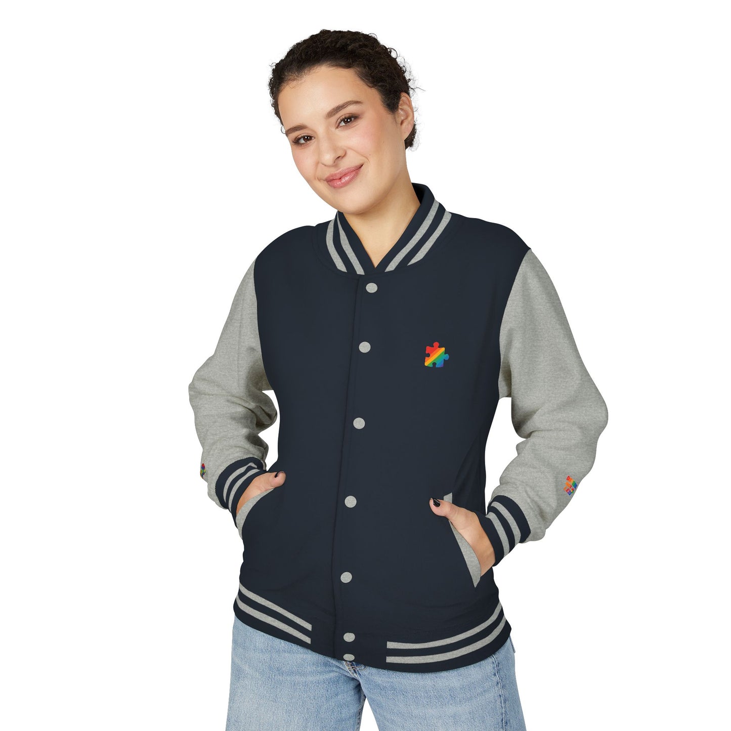 Autism Awareness - Unisex Heavyweight Letterman Jacket - Colorful Puzzle Ribbon Design