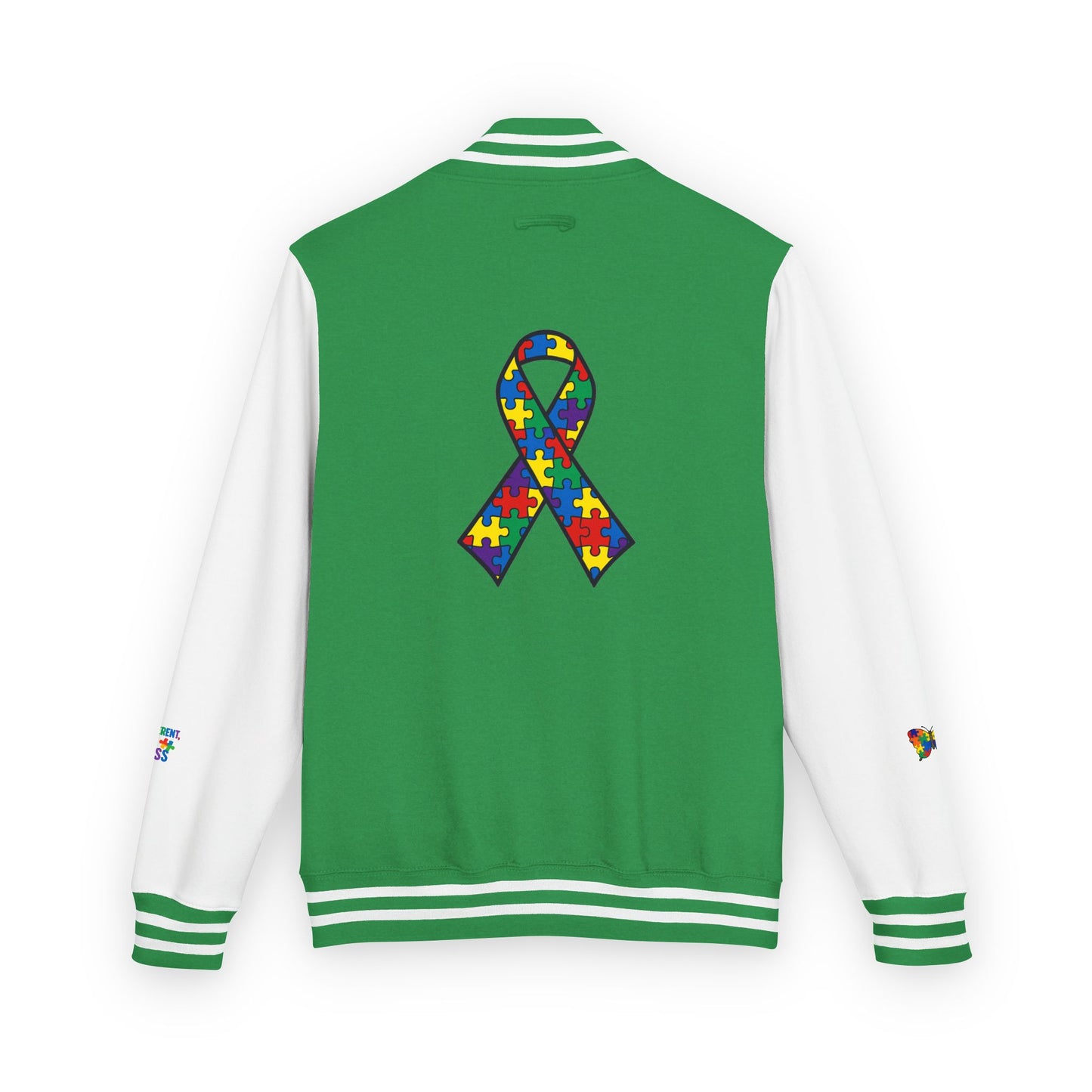 Autism Awareness - Unisex Heavyweight Letterman Jacket - Colorful Puzzle Ribbon Design