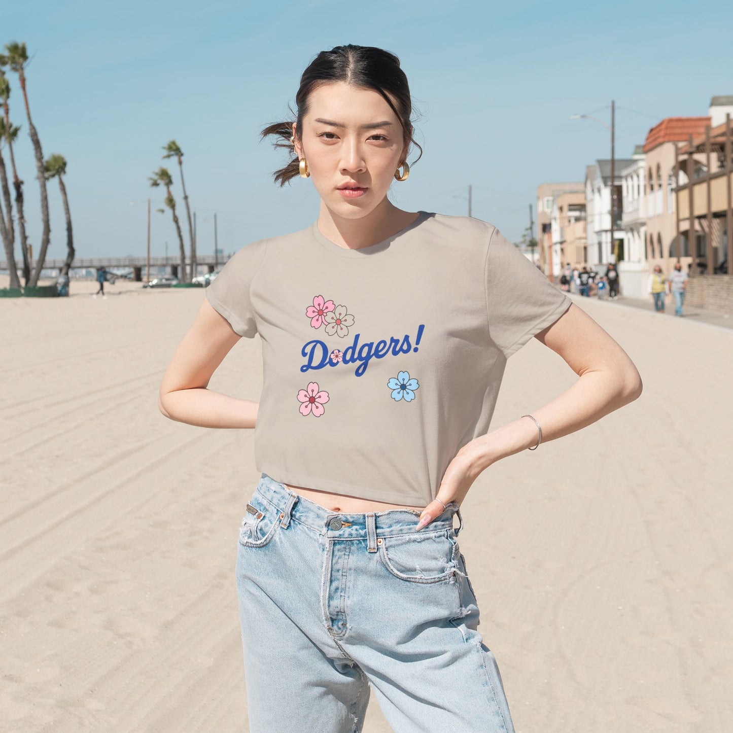 Women's Cherry Blossom Dodgers Cropped Tee - Casual Summer Style