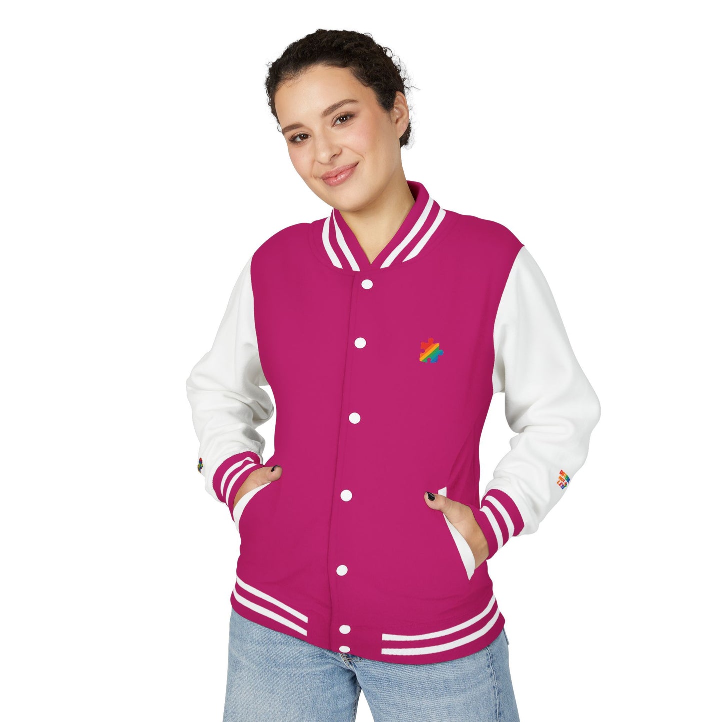 Autism Awareness - Unisex Heavyweight Letterman Jacket - Colorful Puzzle Ribbon Design