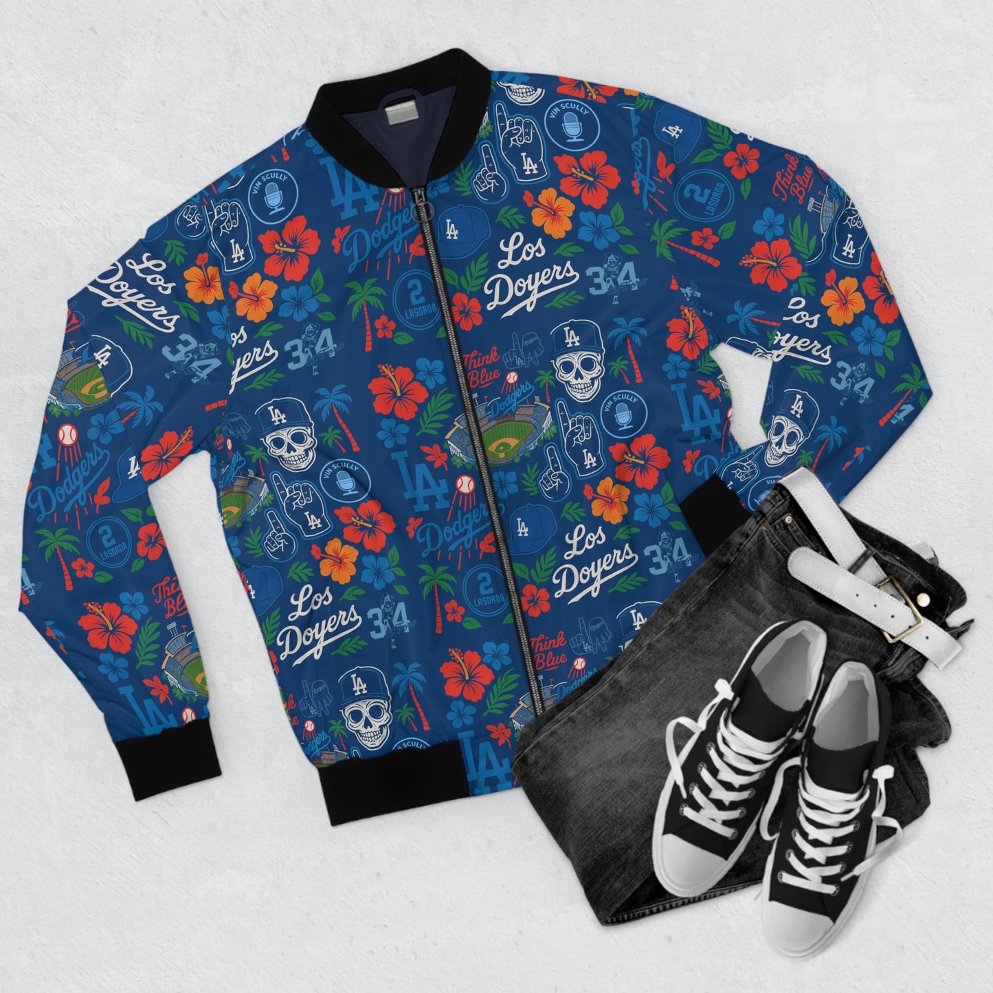 Dodgers Vibrant "Blue Hawaiian" Men's Bomber Jacket - Original Tropical Floral Design