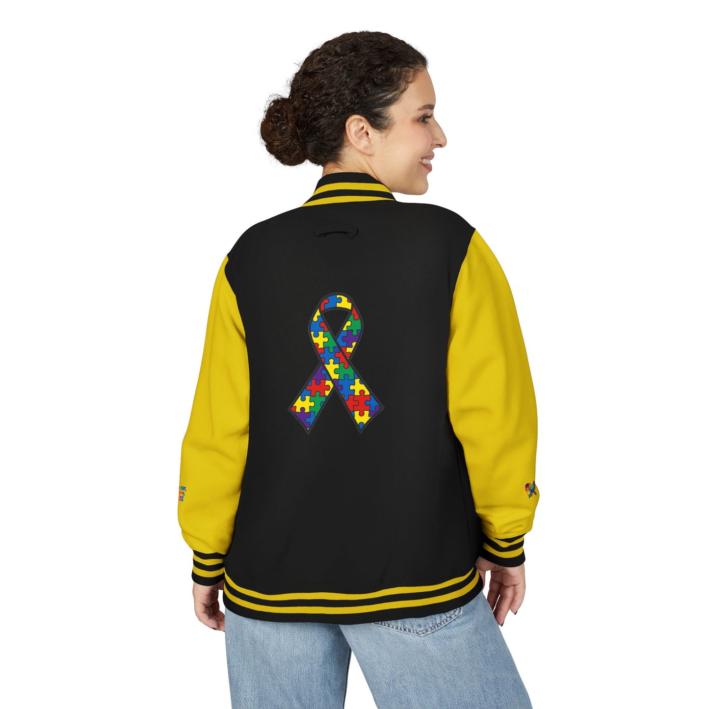 Autism Awareness - Unisex Heavyweight Letterman Jacket - Colorful Puzzle Ribbon Design