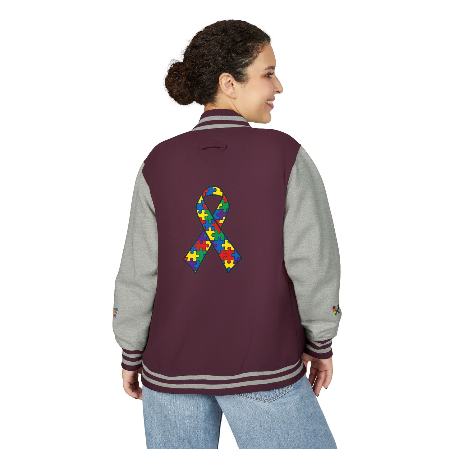 Autism Awareness - Unisex Heavyweight Letterman Jacket - Colorful Puzzle Ribbon Design