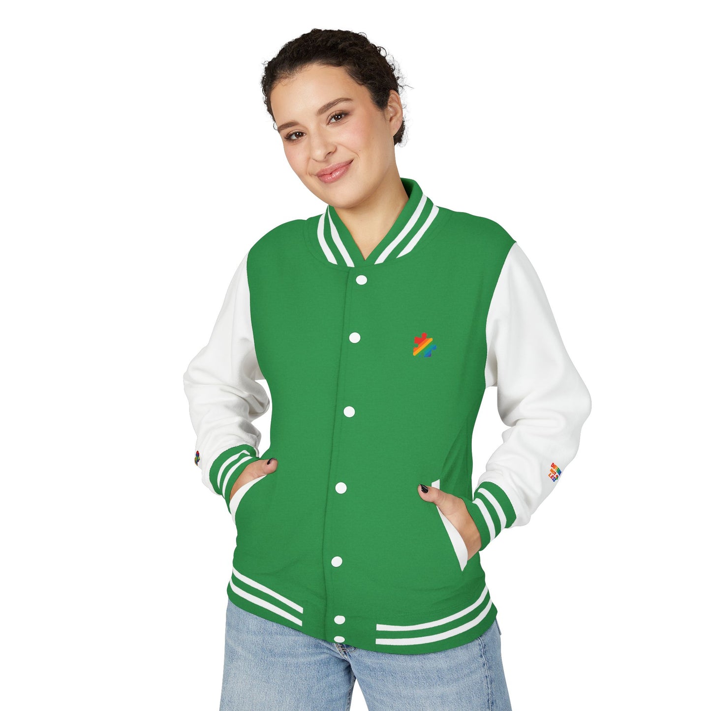 Autism Awareness - Unisex Heavyweight Letterman Jacket - Colorful Puzzle Ribbon Design