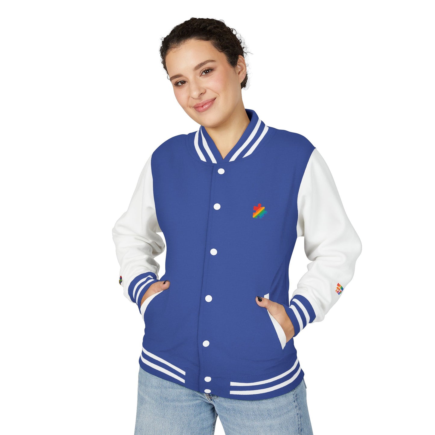 Autism Awareness - Unisex Heavyweight Letterman Jacket - Colorful Puzzle Ribbon Design