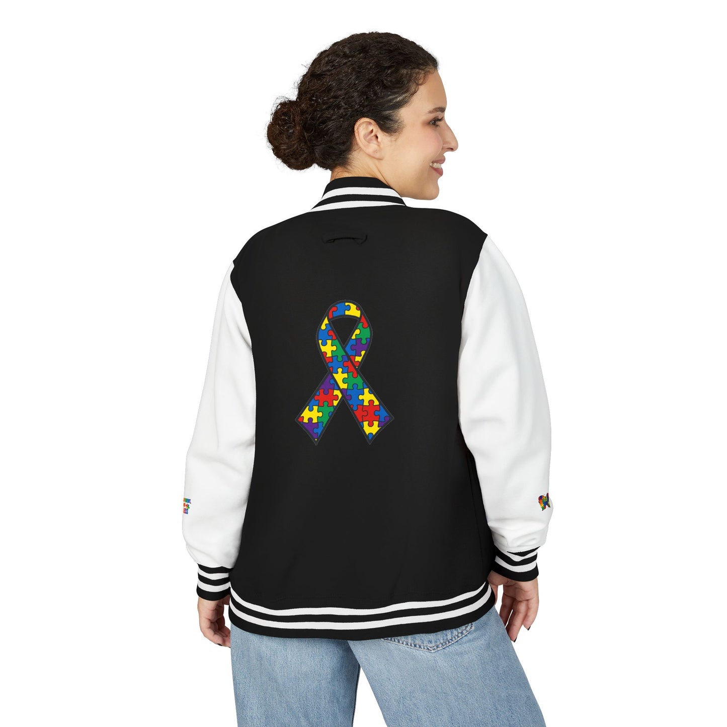 Autism Awareness - Unisex Heavyweight Letterman Jacket - Colorful Puzzle Ribbon Design