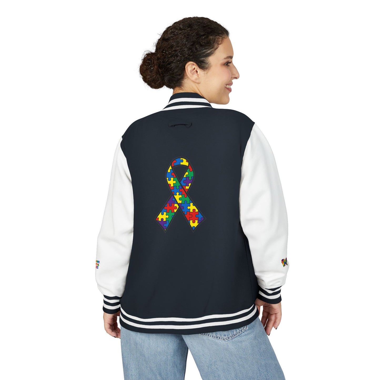 Autism Awareness - Unisex Heavyweight Letterman Jacket - Colorful Puzzle Ribbon Design