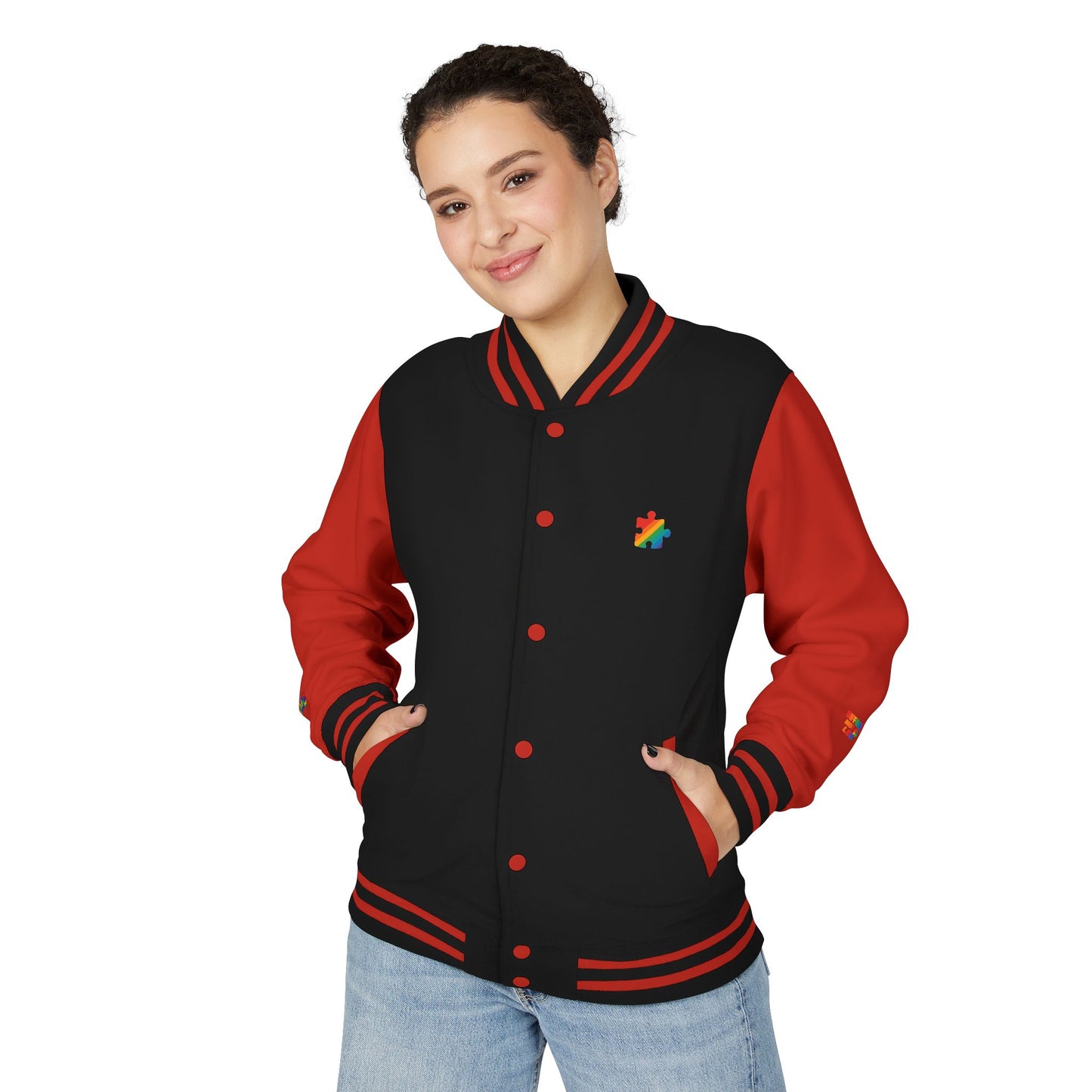 Autism Awareness - Unisex Heavyweight Letterman Jacket - Colorful Puzzle Ribbon Design