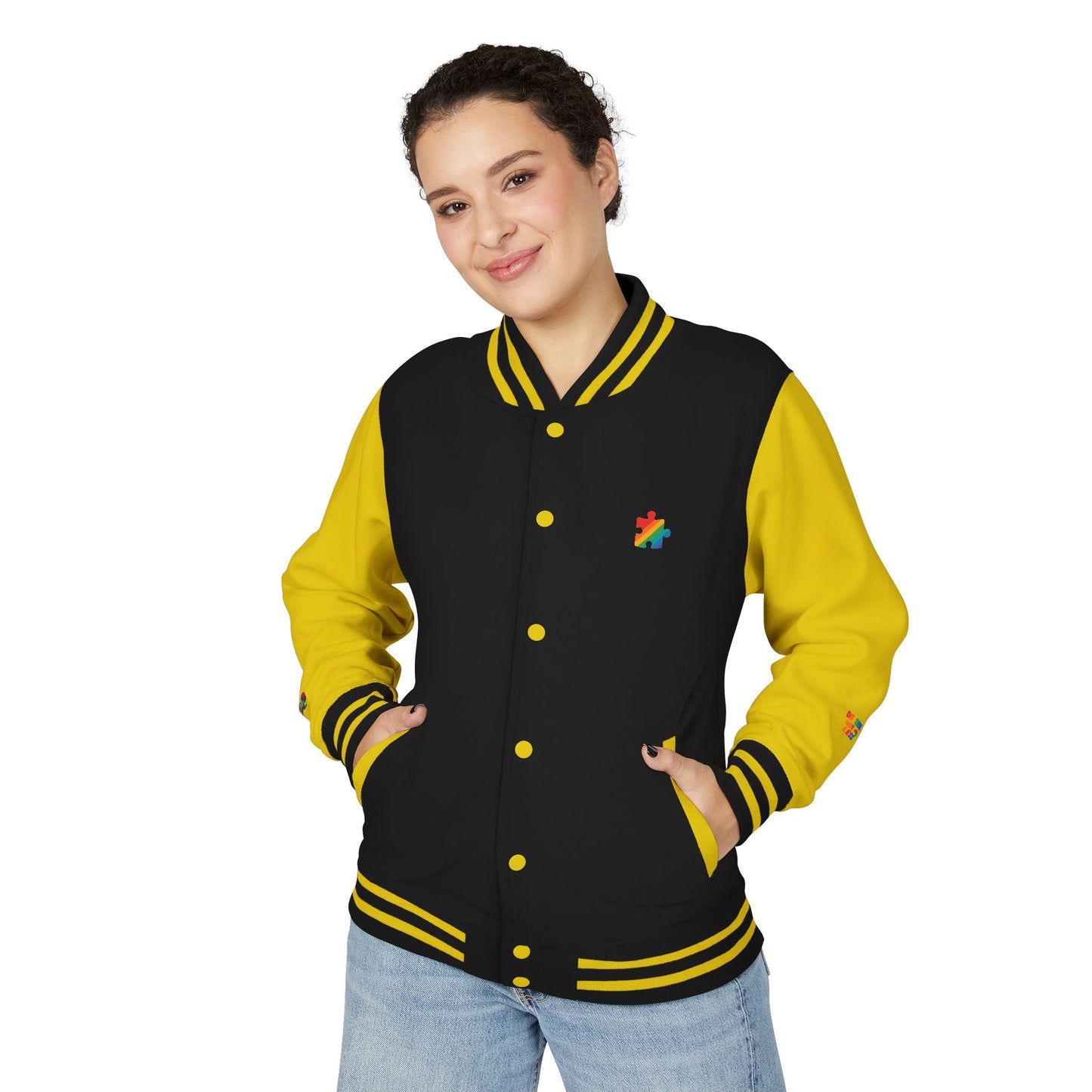 Autism Awareness - Unisex Heavyweight Letterman Jacket - Colorful Puzzle Ribbon Design