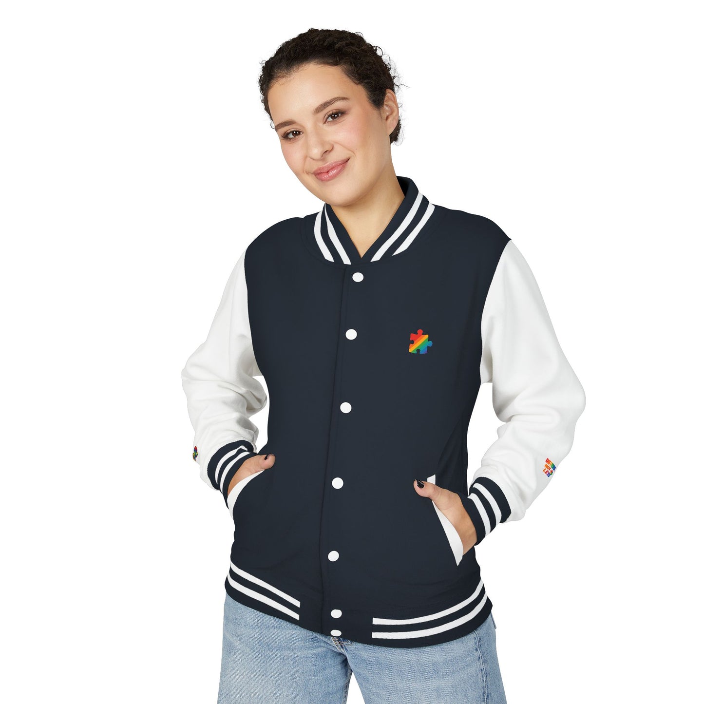 Autism Awareness - Unisex Heavyweight Letterman Jacket - Colorful Puzzle Ribbon Design
