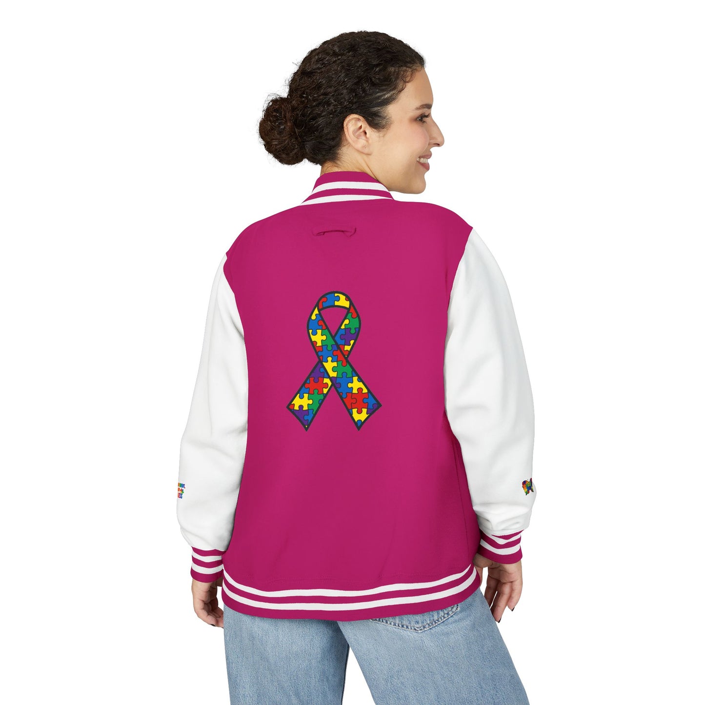 Autism Awareness - Unisex Heavyweight Letterman Jacket - Colorful Puzzle Ribbon Design