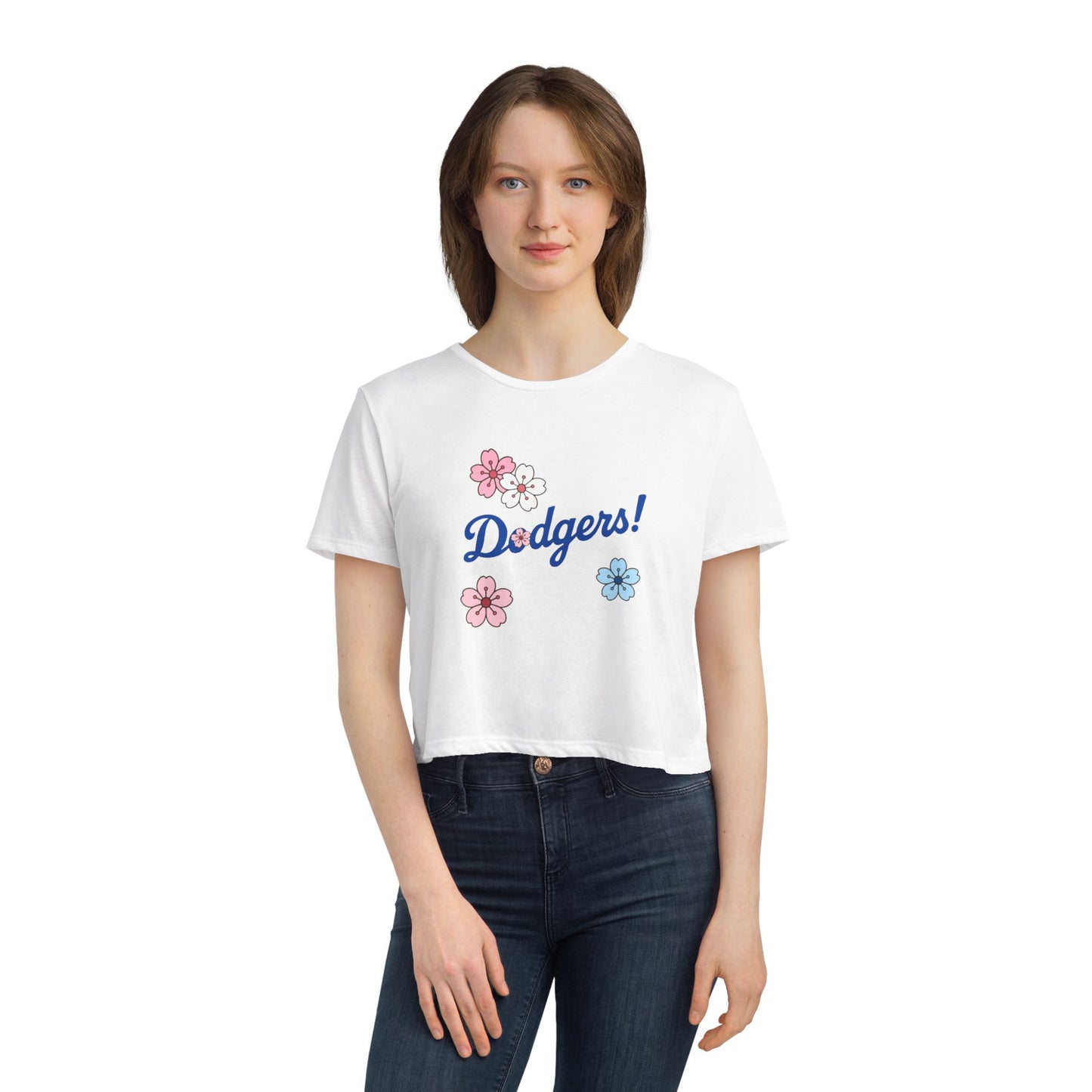 Women's Cherry Blossom Dodgers Cropped Tee - Casual Summer Style