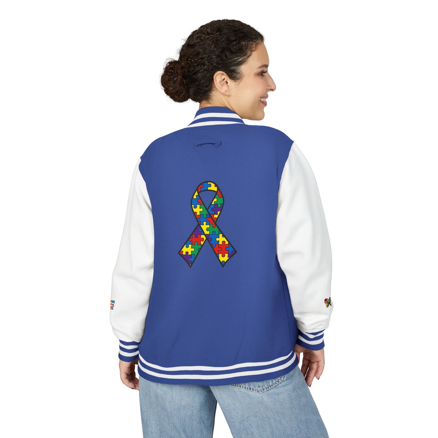 Autism Awareness - Unisex Heavyweight Letterman Jacket - Colorful Puzzle Ribbon Design