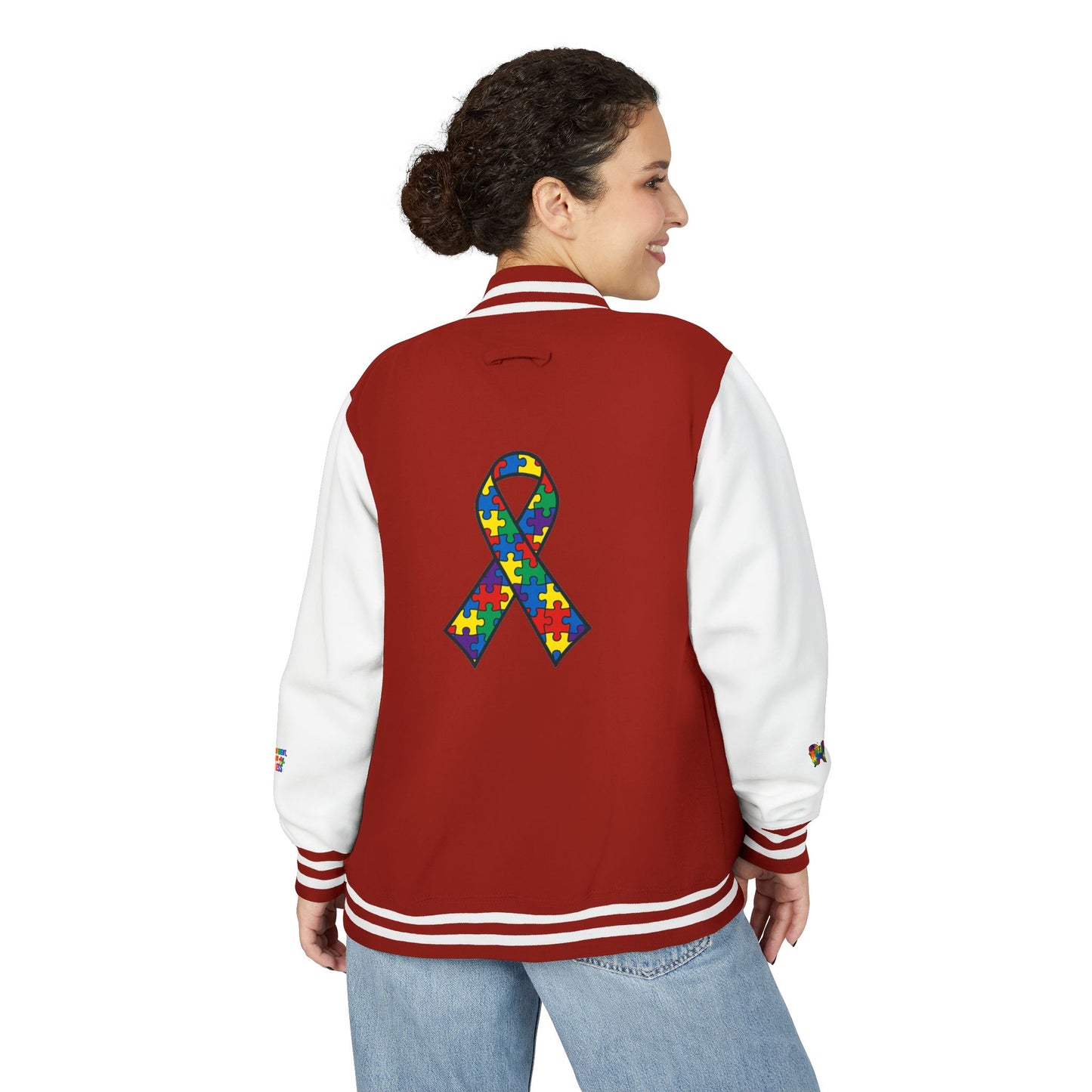 Autism Awareness - Unisex Heavyweight Letterman Jacket - Colorful Puzzle Ribbon Design