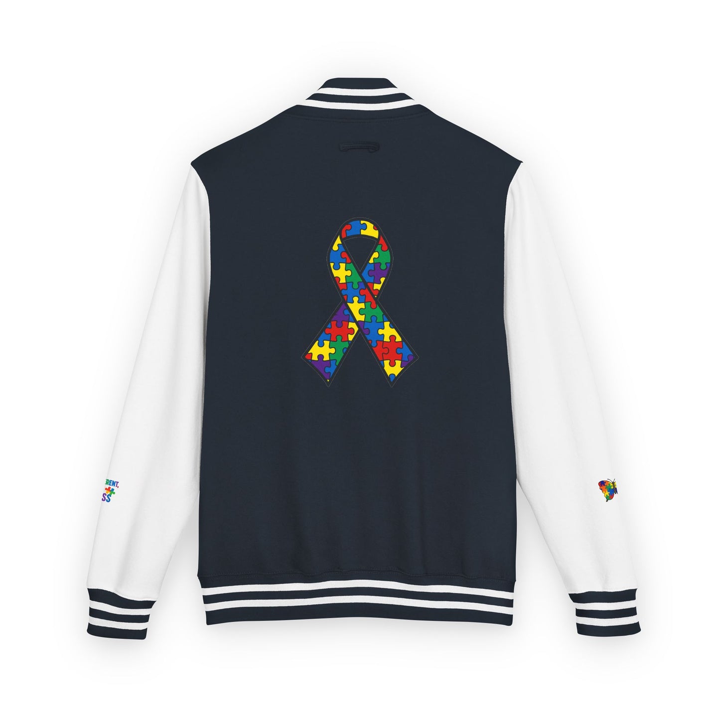 Autism Awareness - Unisex Heavyweight Letterman Jacket - Colorful Puzzle Ribbon Design