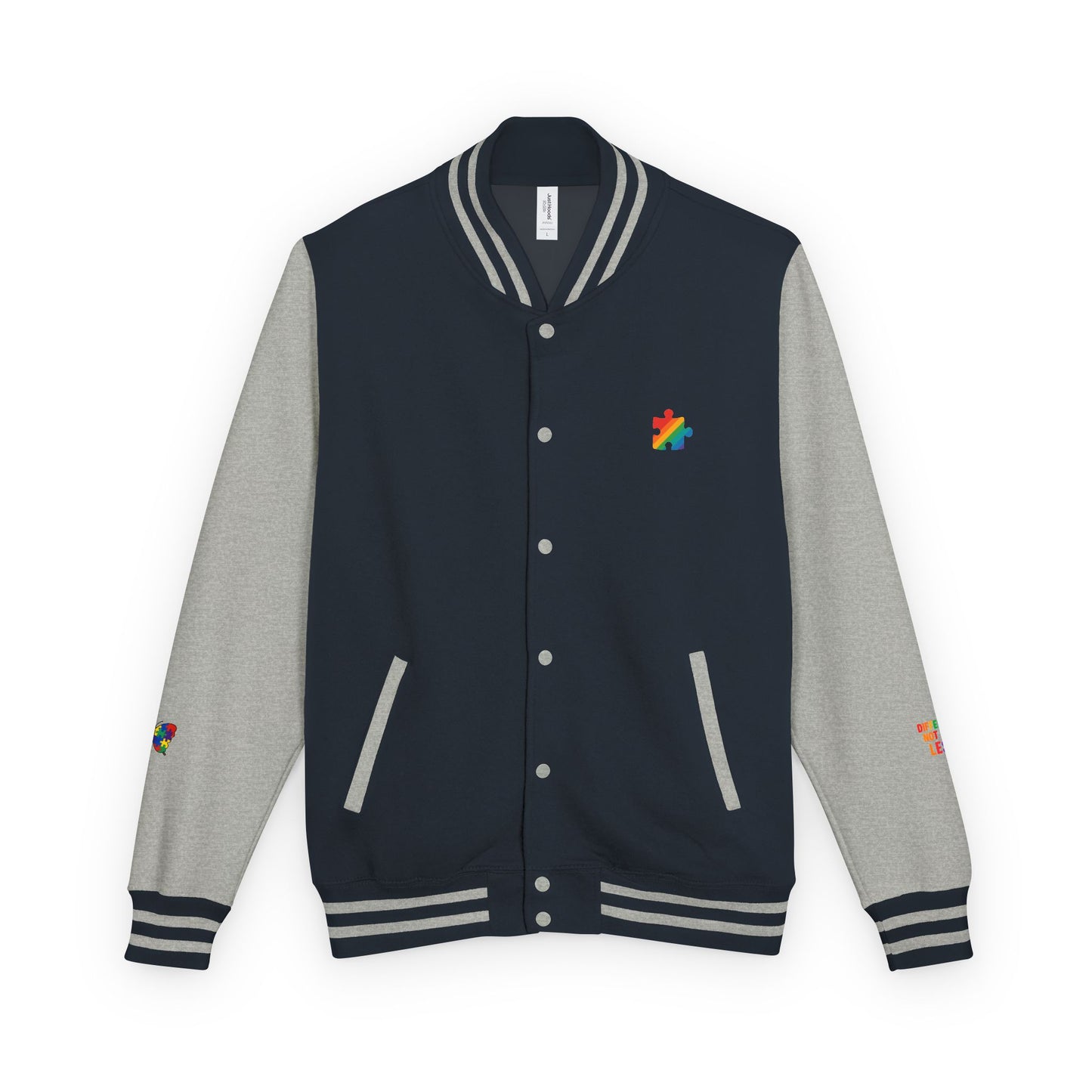Autism Awareness - Unisex Heavyweight Letterman Jacket - Colorful Puzzle Ribbon Design