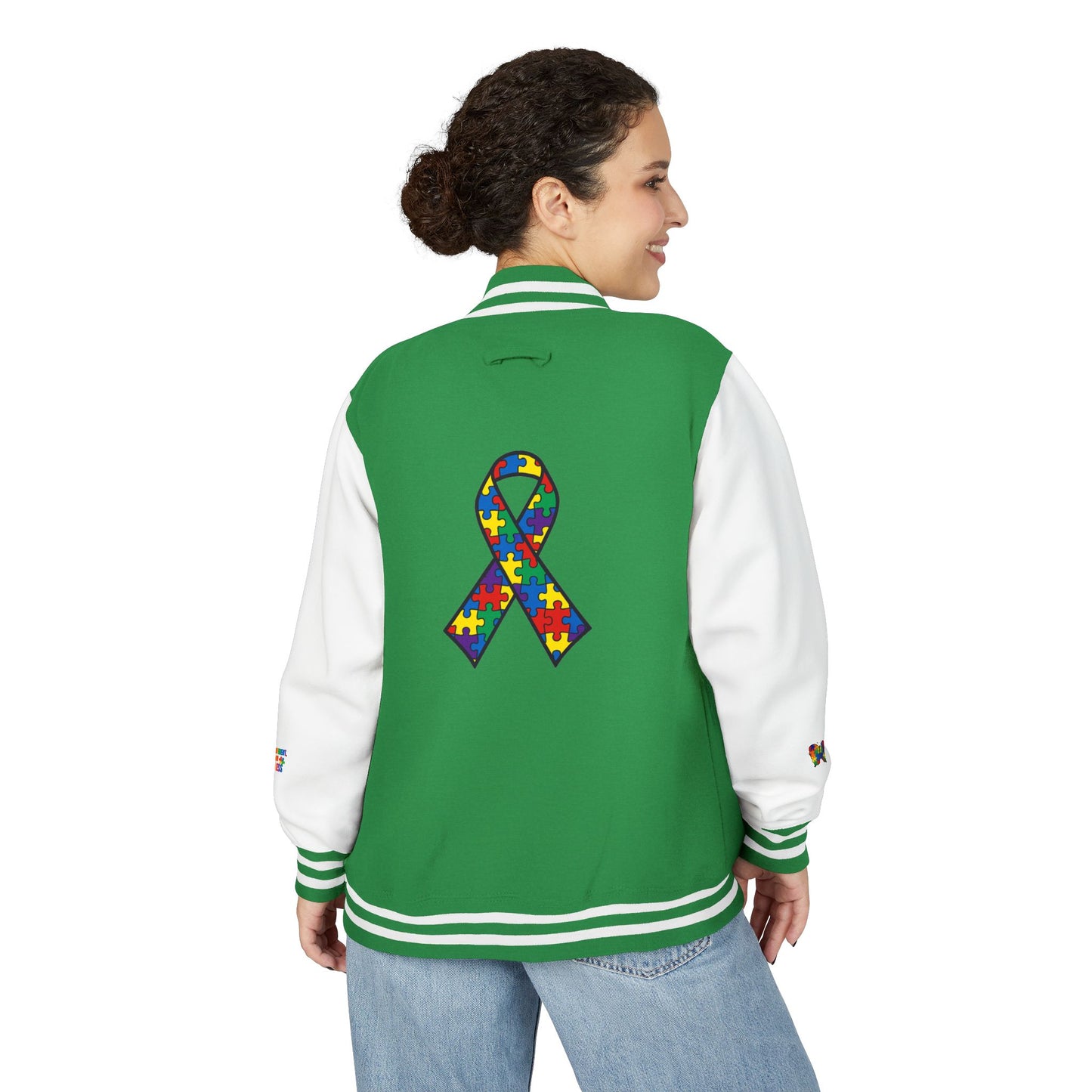 Autism Awareness - Unisex Heavyweight Letterman Jacket - Colorful Puzzle Ribbon Design