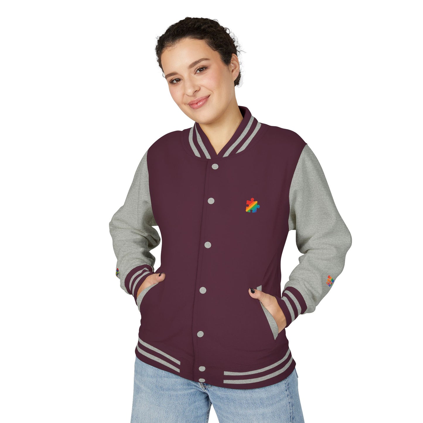 Autism Awareness - Unisex Heavyweight Letterman Jacket - Colorful Puzzle Ribbon Design